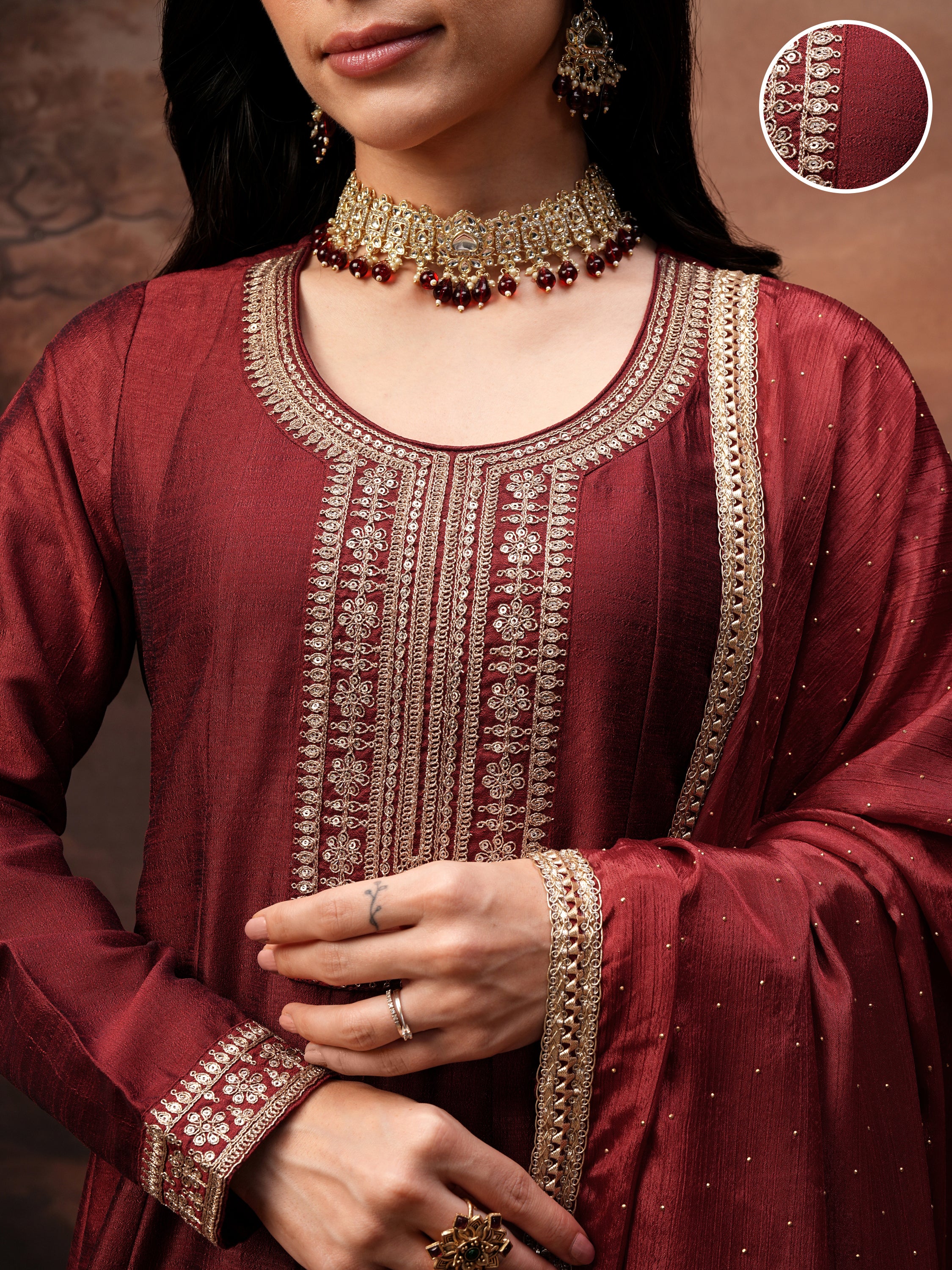 Vishudh Women Red Embroidered Kurta With Trouser And Dupatta - Red - Image 5