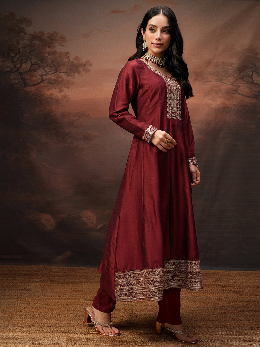 Vishudh Women Red Embroidered Kurta With Trouser And Dupatta - Red - Image 6