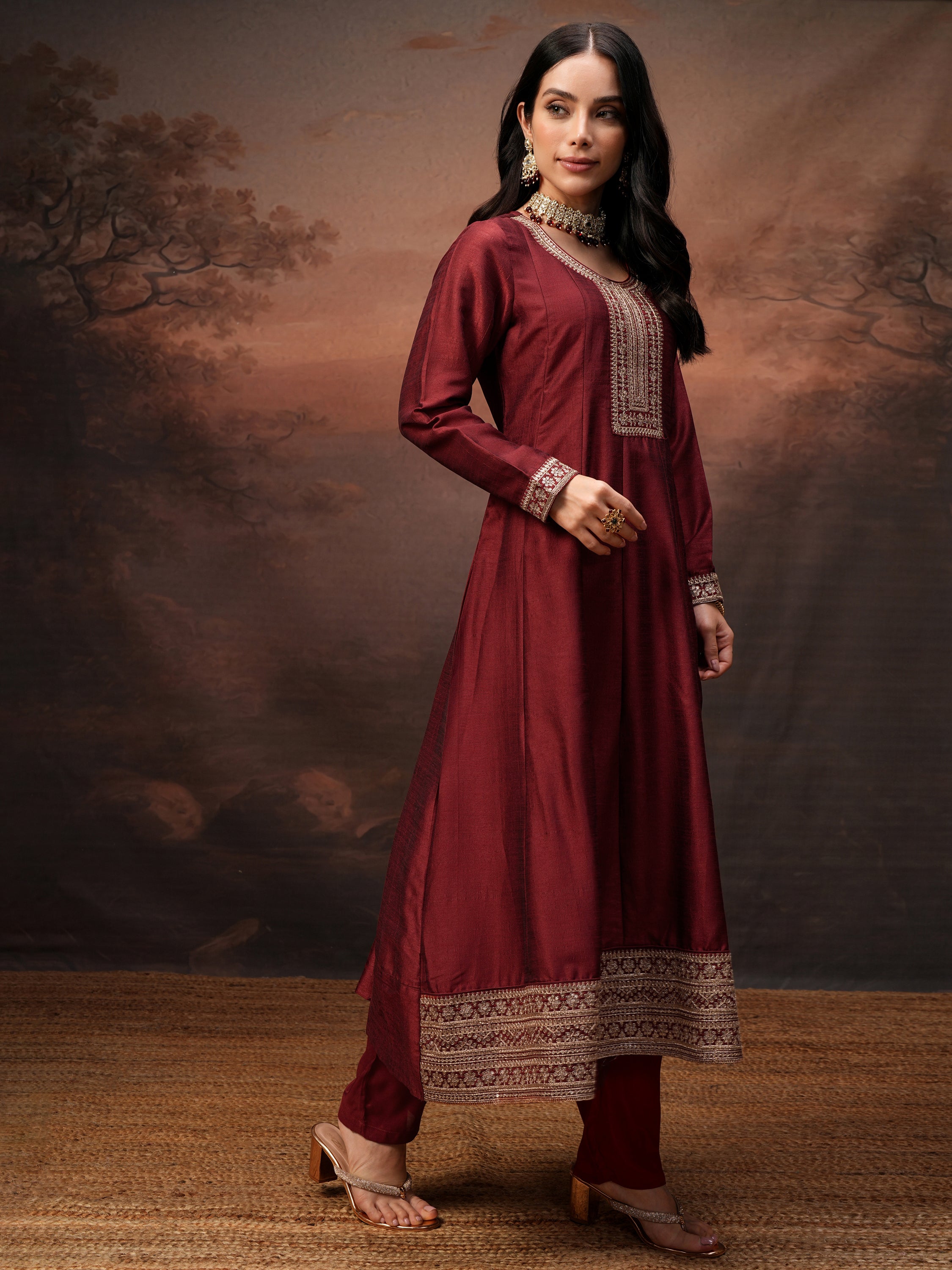 Vishudh Women Red Embroidered Kurta With Trouser And Dupatta - Red - Image 6