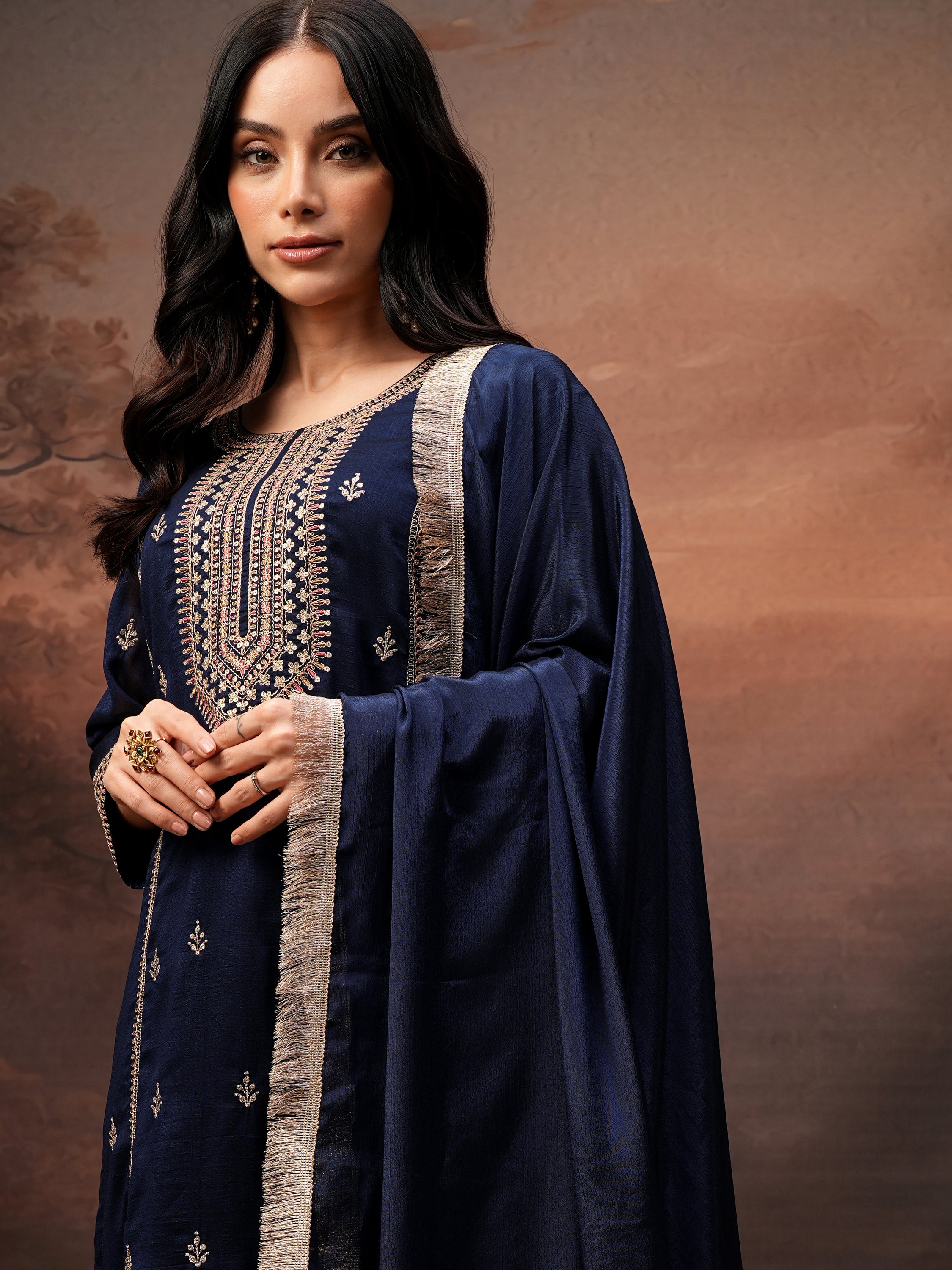 Vishudh Women Purple Embroidered Kurta With Palazzo And Dupatta - Purple - Image 1
