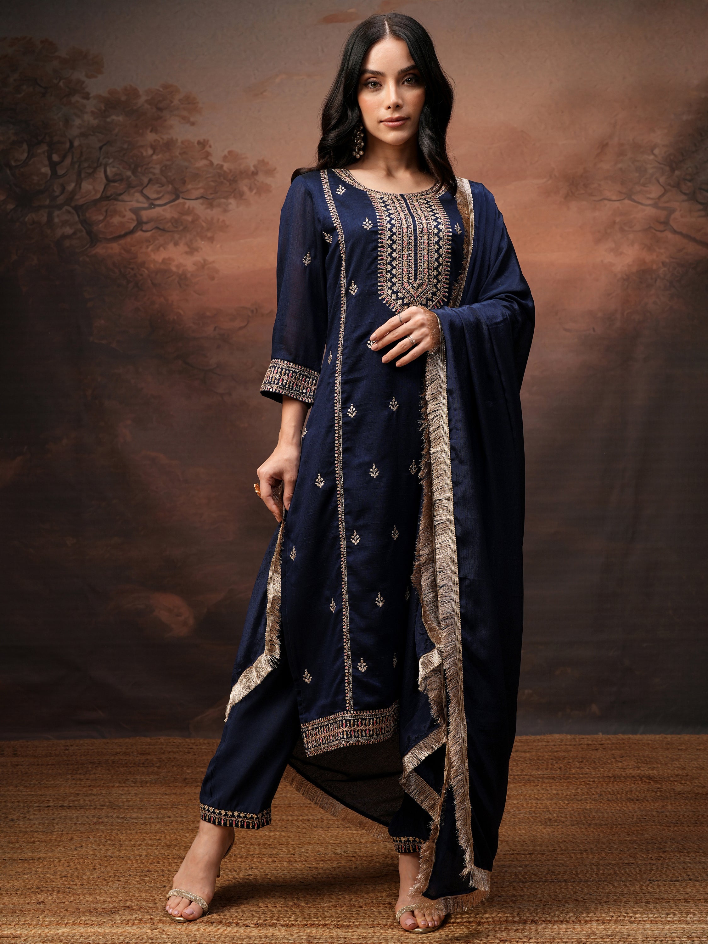Vishudh Women Purple Embroidered Kurta With Palazzo And Dupatta - Purple - Image 2