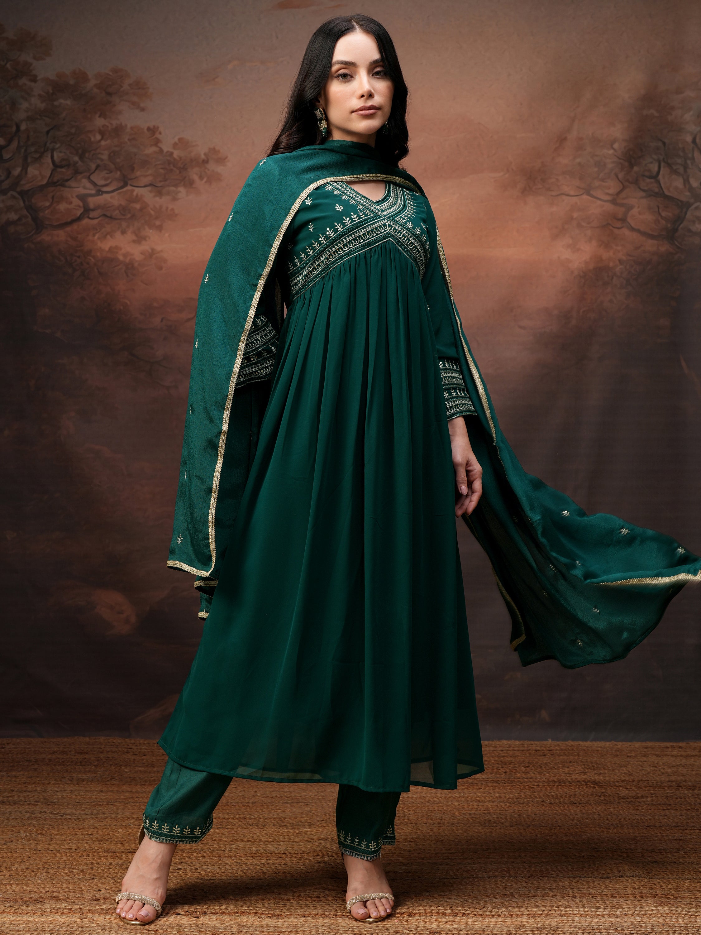 Vishudh Women Teal Embroidered Kurta With Palazzo And Dupatta - Teal - Image 2