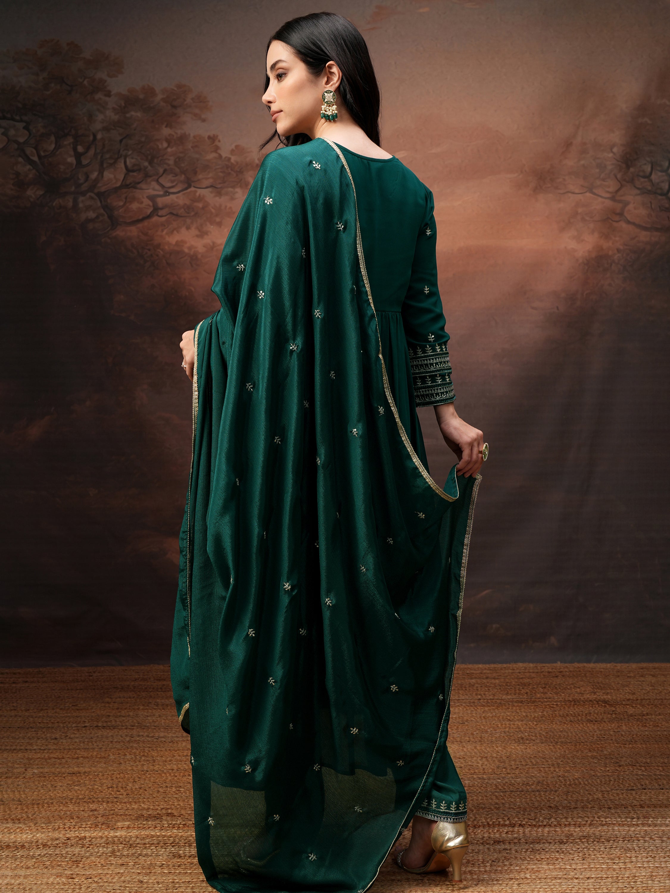 Vishudh Women Teal Embroidered Kurta With Palazzo And Dupatta - Teal - Image 3