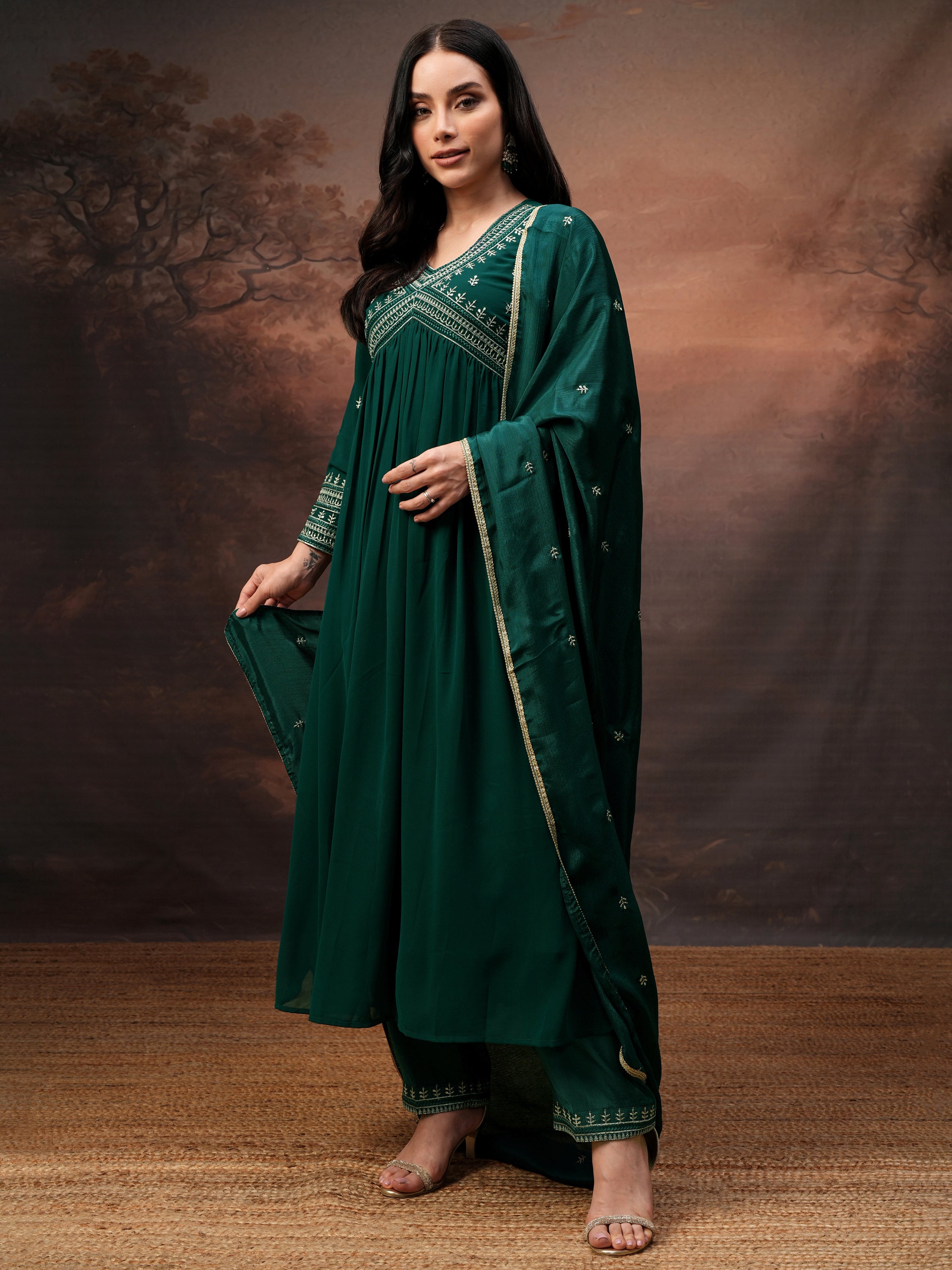 Vishudh Women Teal Embroidered Kurta With Palazzo And Dupatta - Teal - Image 4