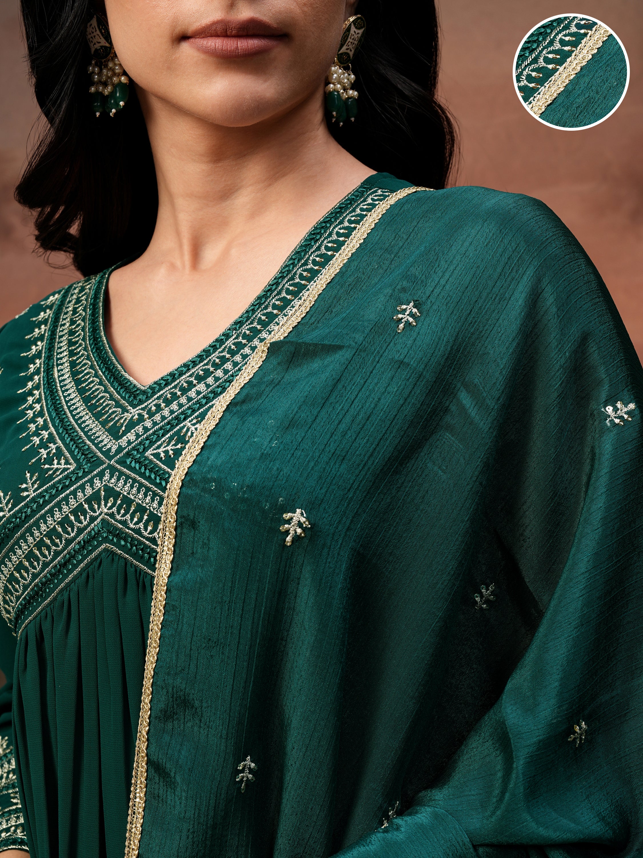 Vishudh Women Teal Embroidered Kurta With Palazzo And Dupatta - Teal - Image 5