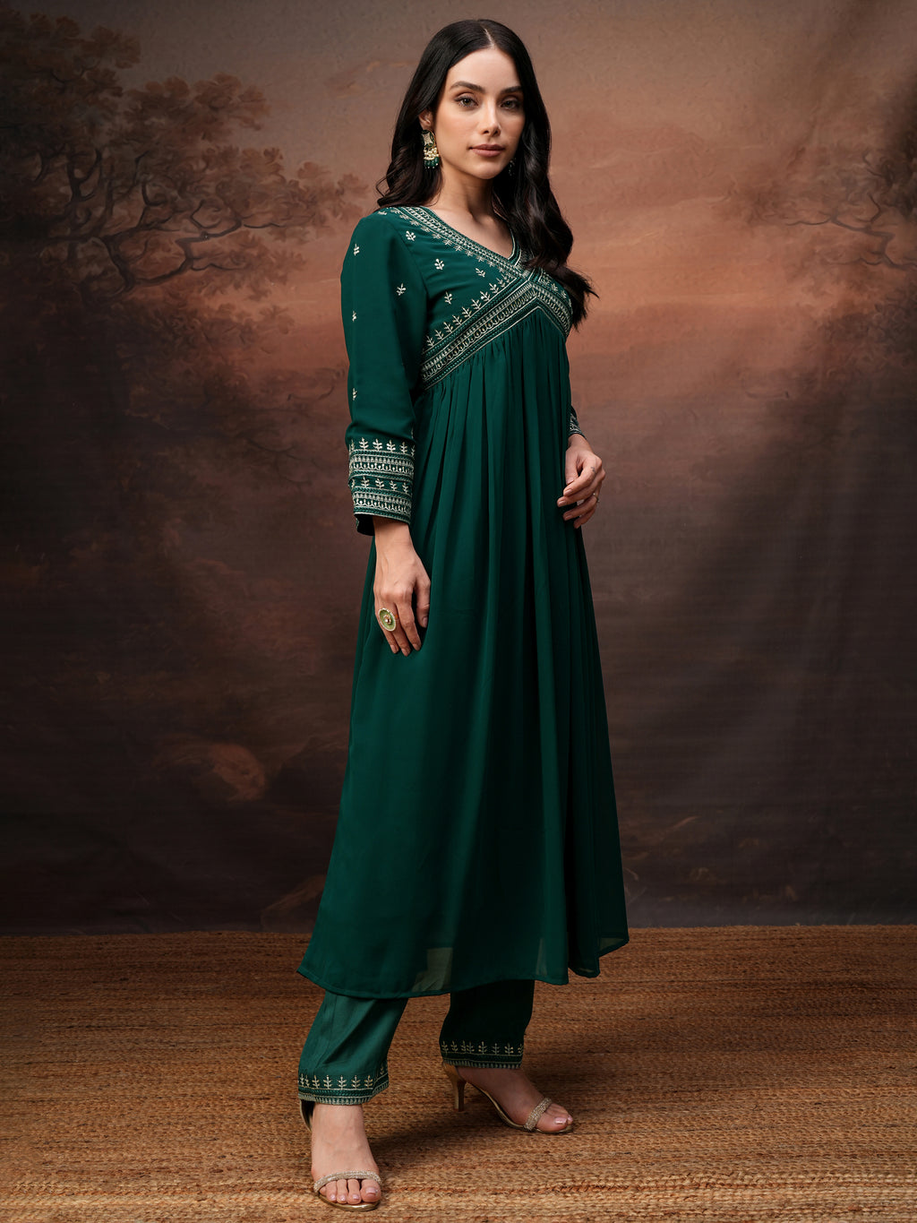 Vishudh Women Teal Embroidered Kurta With Palazzo And Dupatta - Teal - Image 6
