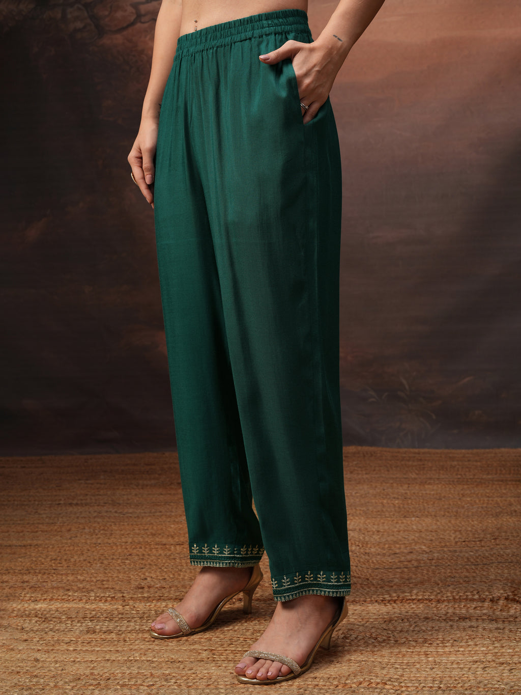 Vishudh Women Teal Embroidered Kurta With Palazzo And Dupatta - Teal - Image 7