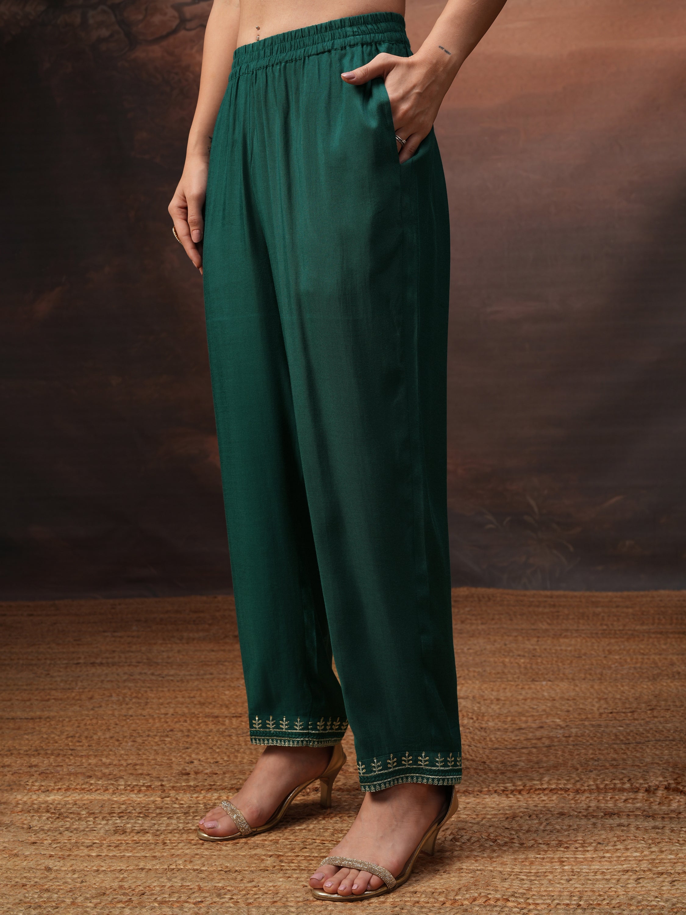 Vishudh Women Teal Embroidered Kurta With Palazzo And Dupatta - Teal - Image 7