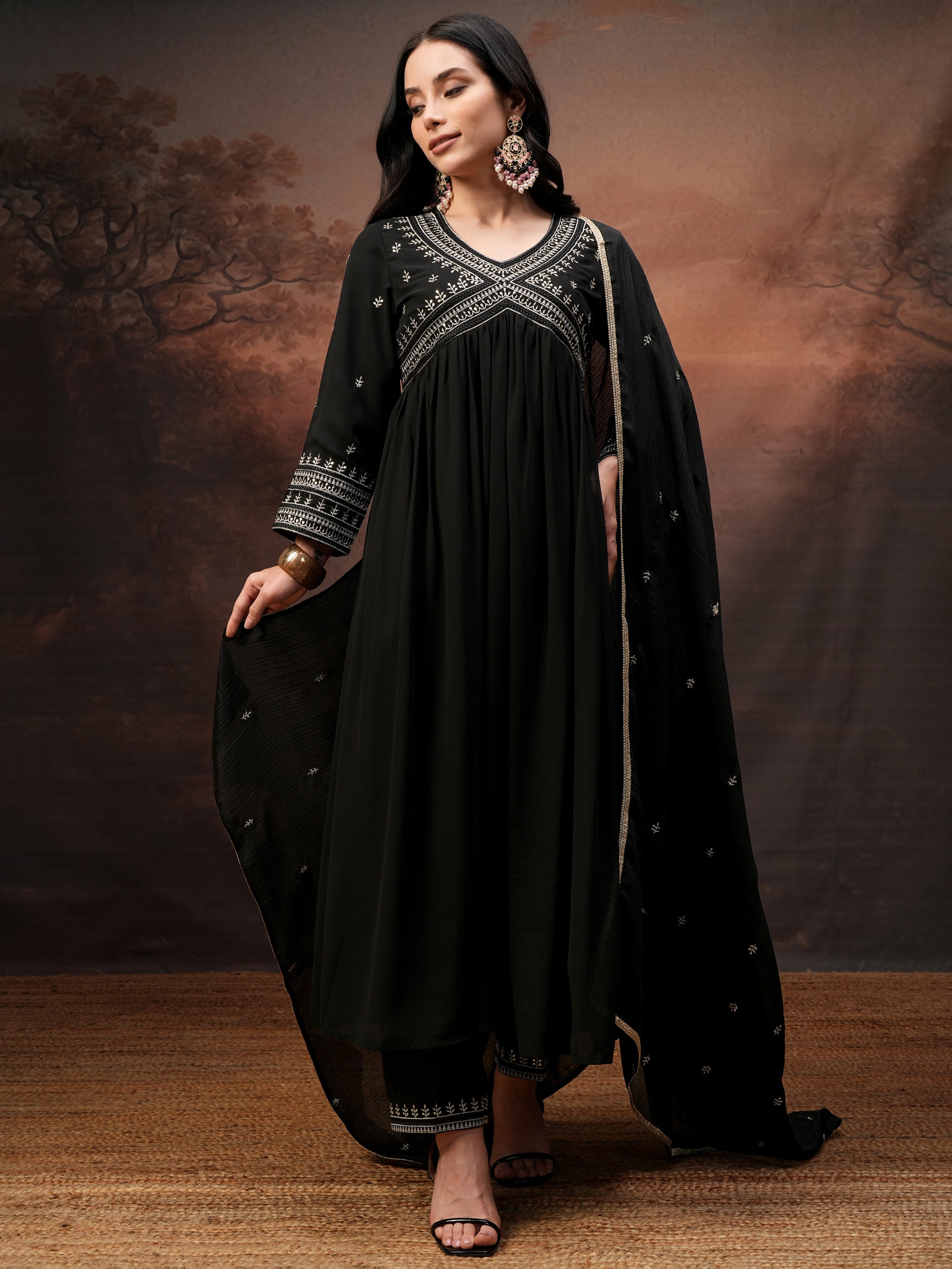 Vishudh Women Black Embroidered Kurta With Palazzo And Dupatta - Black - Image 2