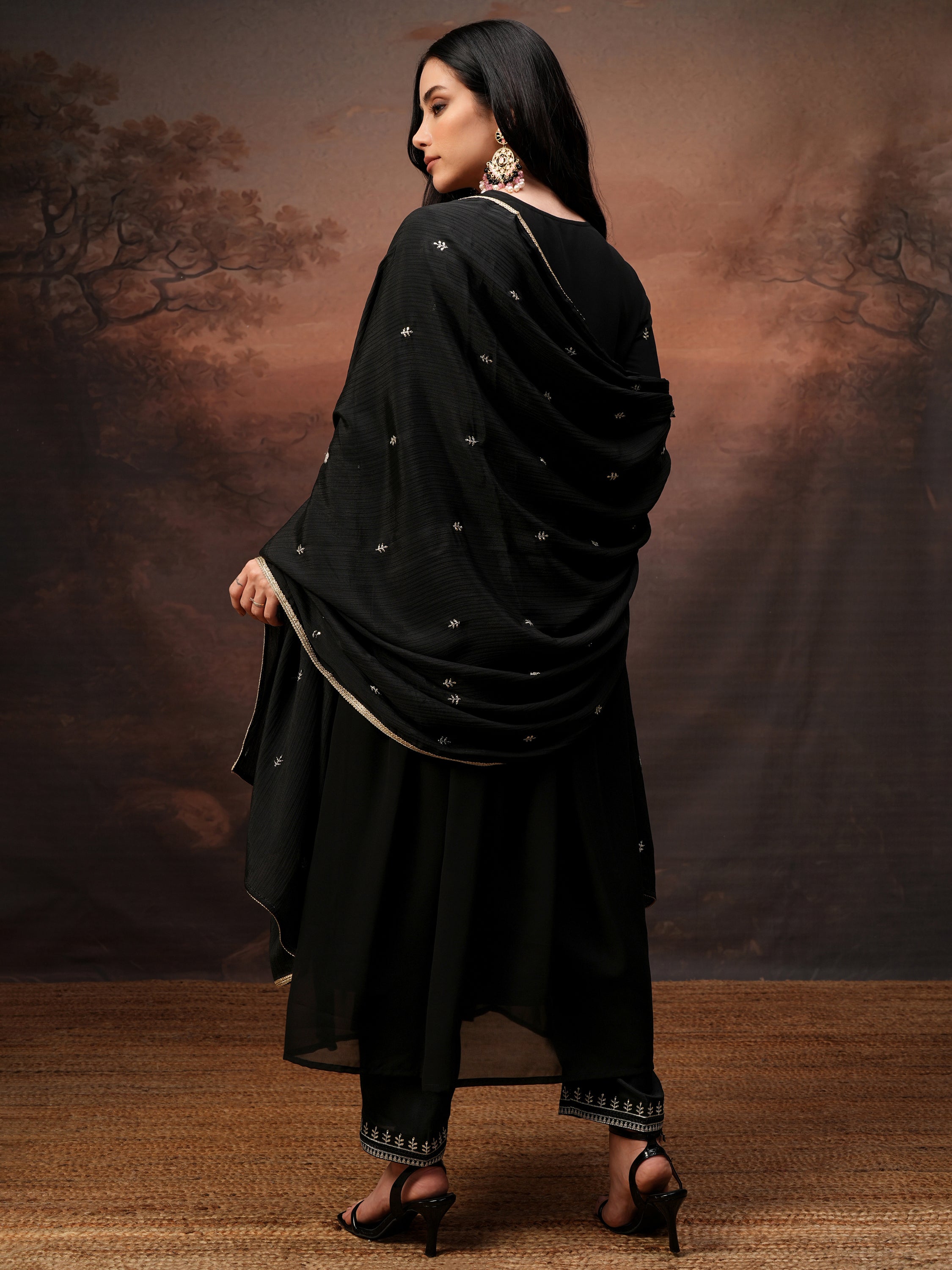 Vishudh Women Black Embroidered Kurta With Palazzo And Dupatta - Black - Image 3
