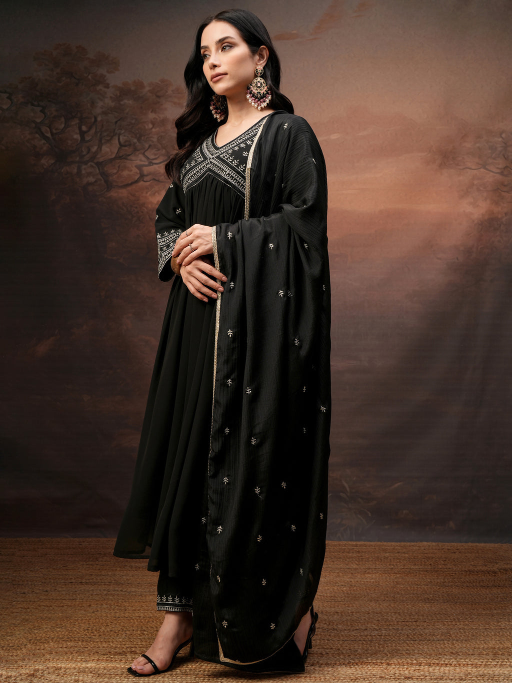 Vishudh Women Black Embroidered Kurta With Palazzo And Dupatta - Black - Image 4