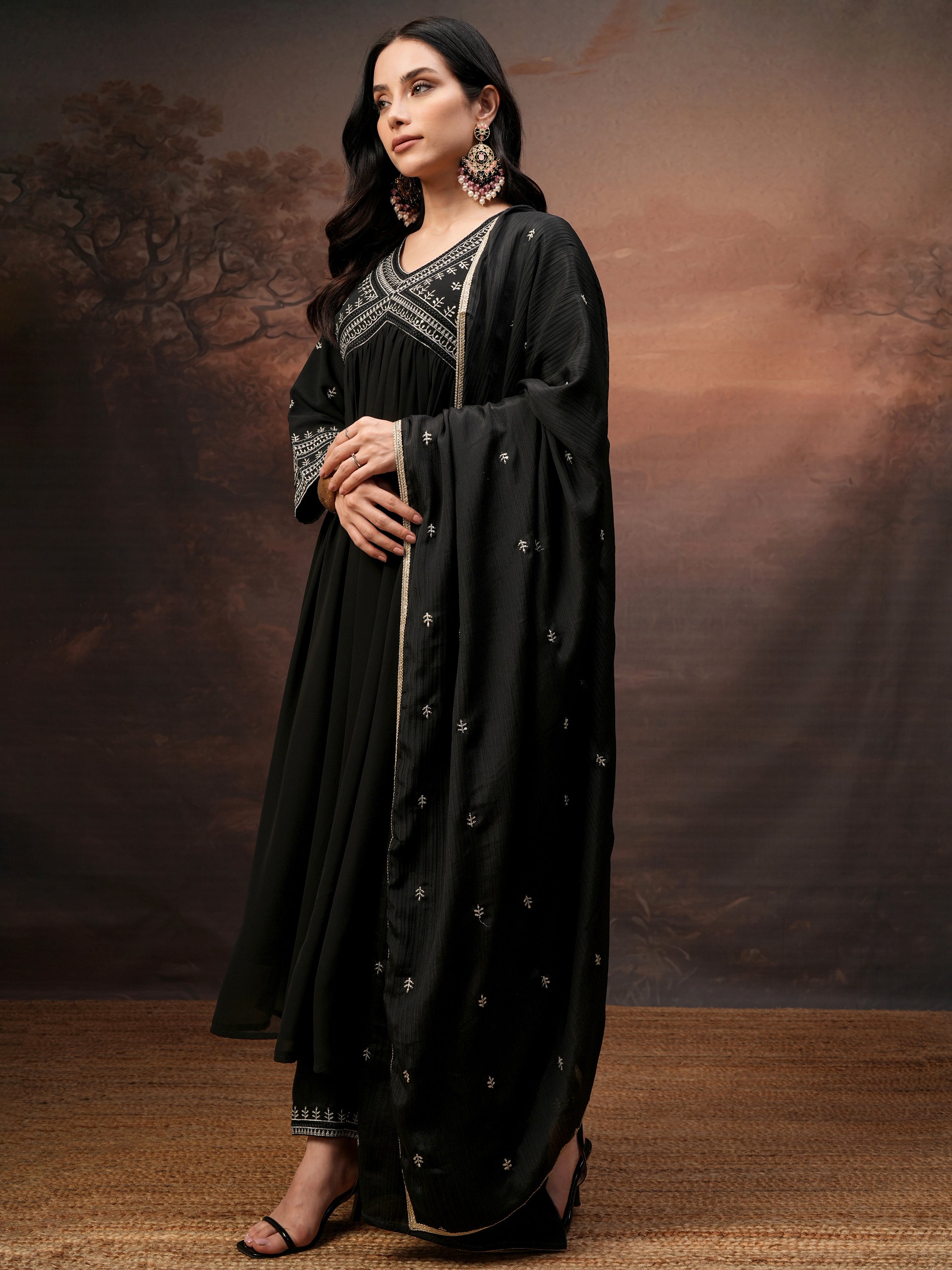 Vishudh Women Black Embroidered Kurta With Palazzo And Dupatta - Black - Image 4