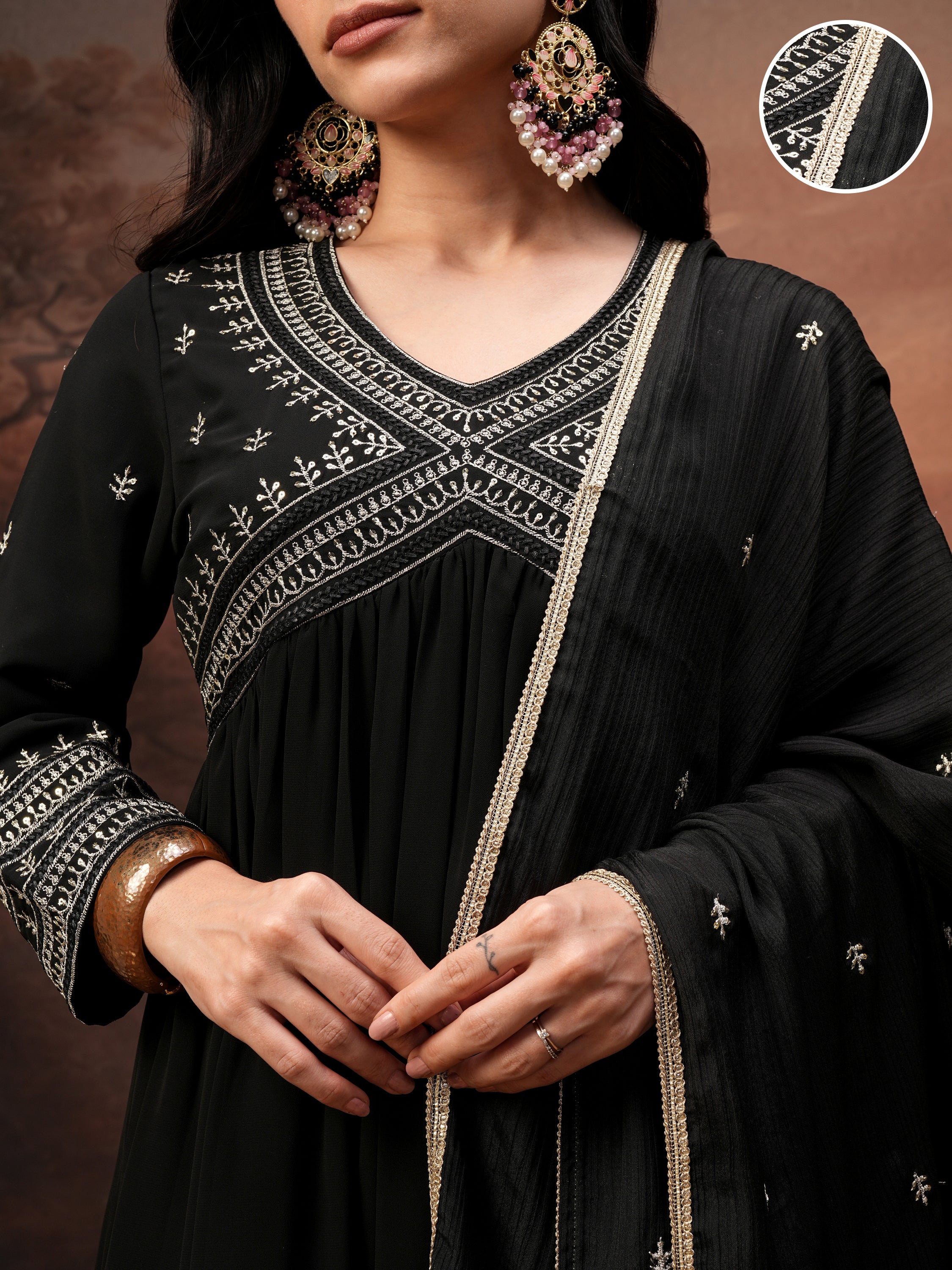Vishudh Women Black Embroidered Kurta With Palazzo And Dupatta - Black - Image 5