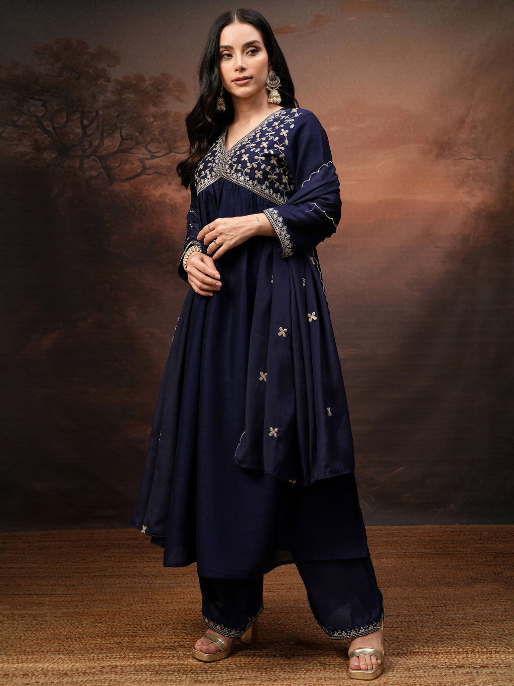 Vishudh Women Purple Embroidered Kurta With Palazzo And Dupatta - Purple - Image 4