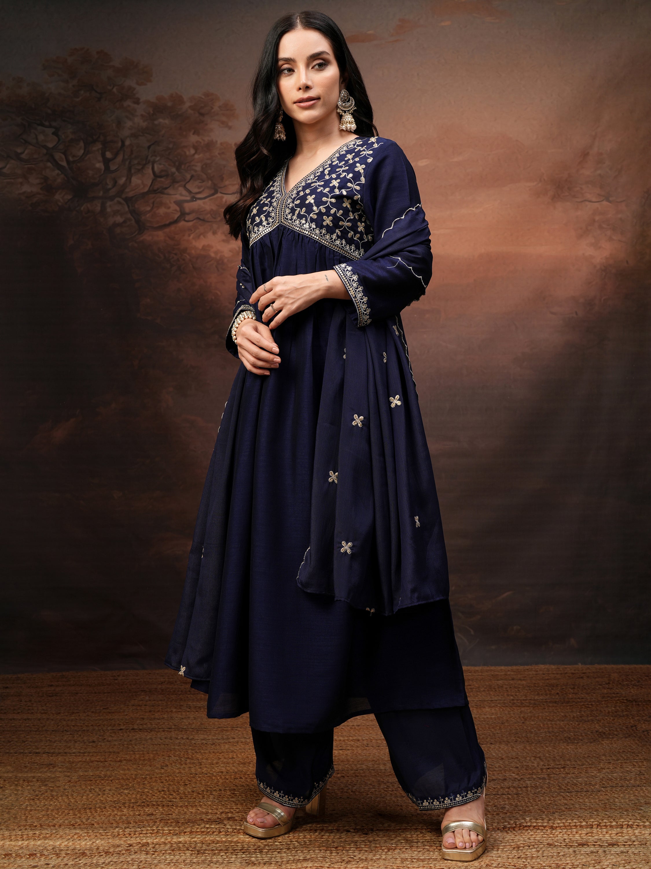 Vishudh Women Purple Embroidered Kurta With Palazzo And Dupatta - Purple - Image 4