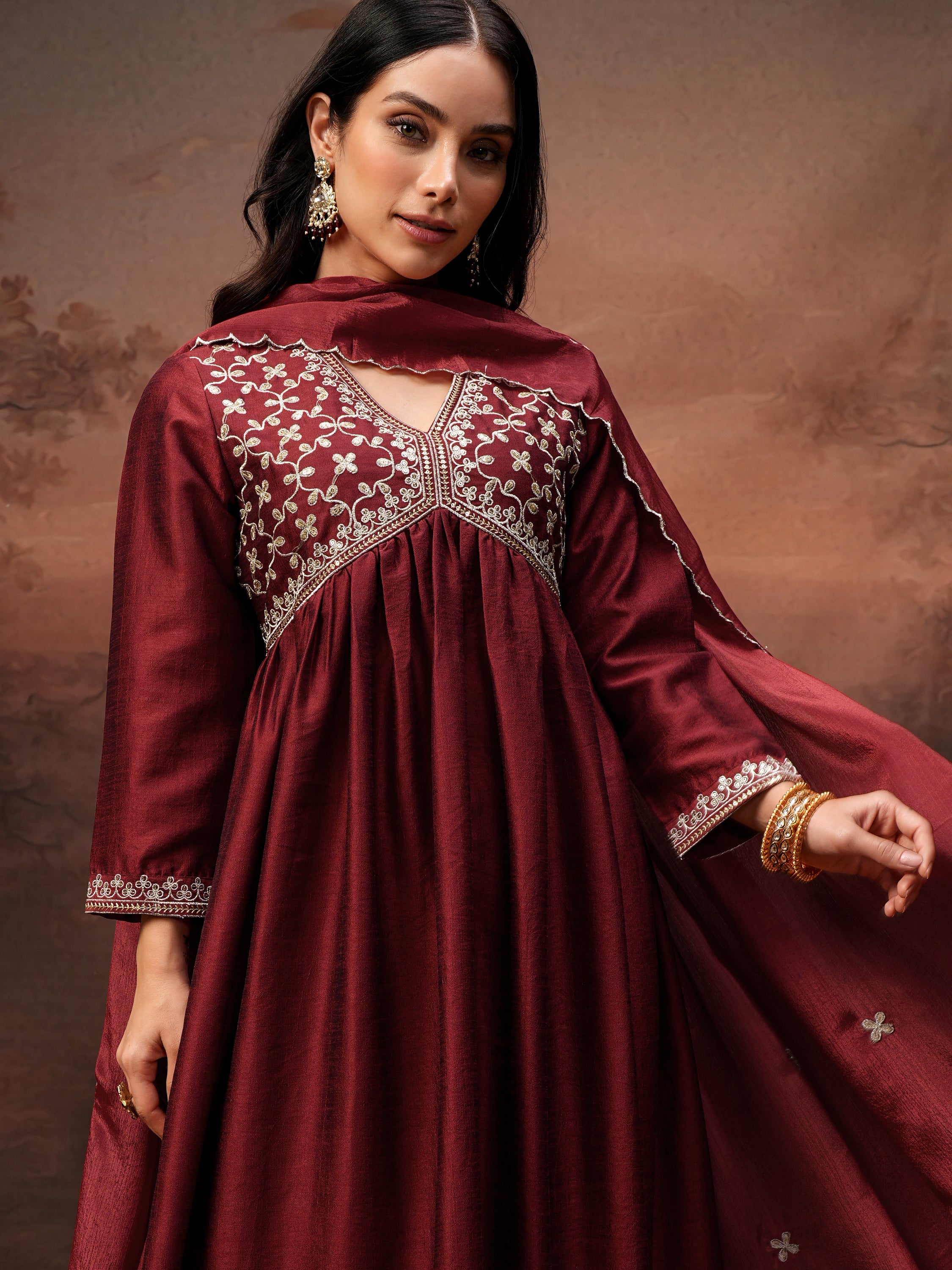 Vishudh Women Red Embroidered Kurta With Palazzo And Dupatta - Red - Image 1