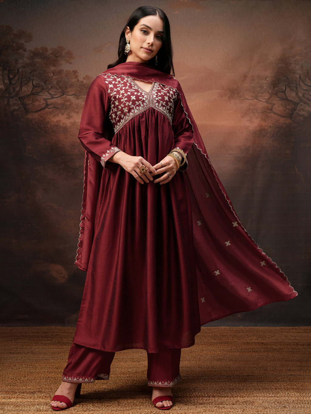 Vishudh Women Red Embroidered Kurta With Palazzo And Dupatta - Red - Image 2