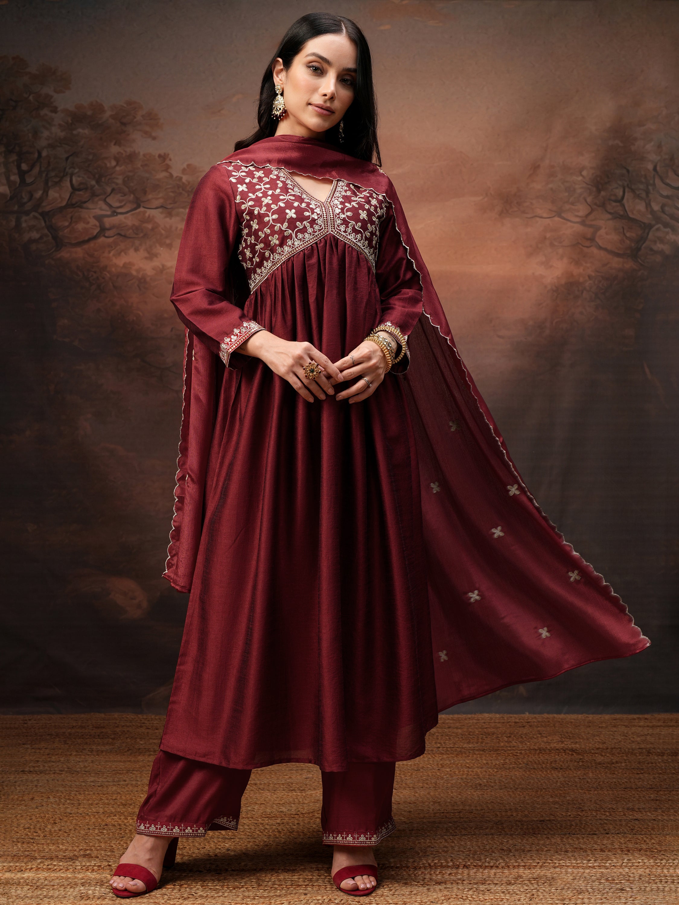 Vishudh Women Red Embroidered Kurta With Palazzo And Dupatta - Red - Image 2