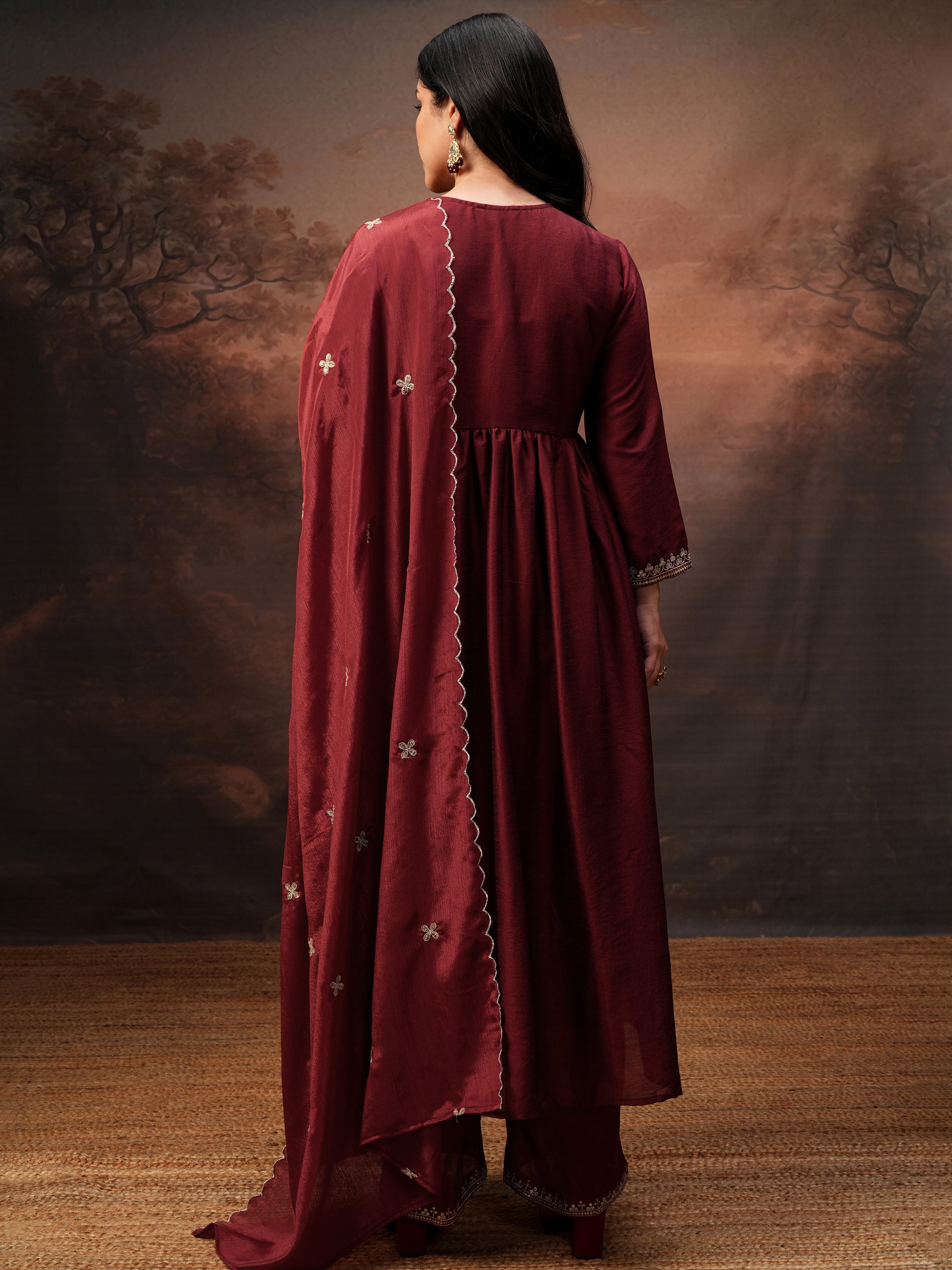 Vishudh Women Red Embroidered Kurta With Palazzo And Dupatta - Red - Image 3