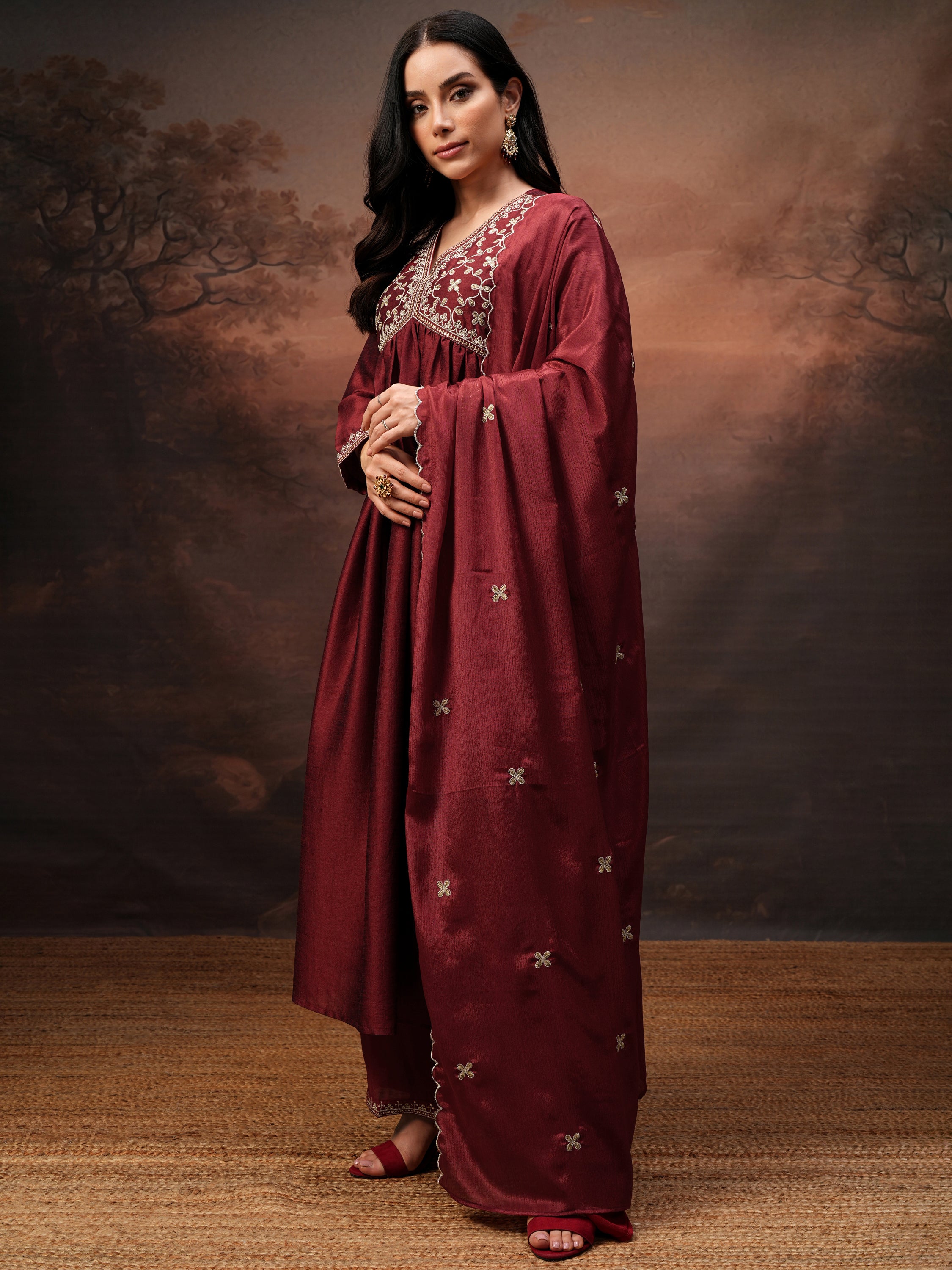 Vishudh Women Red Embroidered Kurta With Palazzo And Dupatta - Red - Image 4