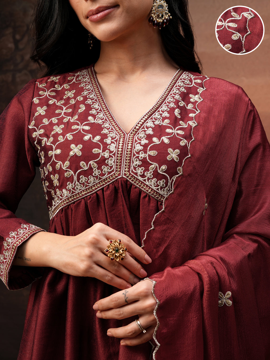 Vishudh Women Red Embroidered Kurta With Palazzo And Dupatta - Red - Image 5