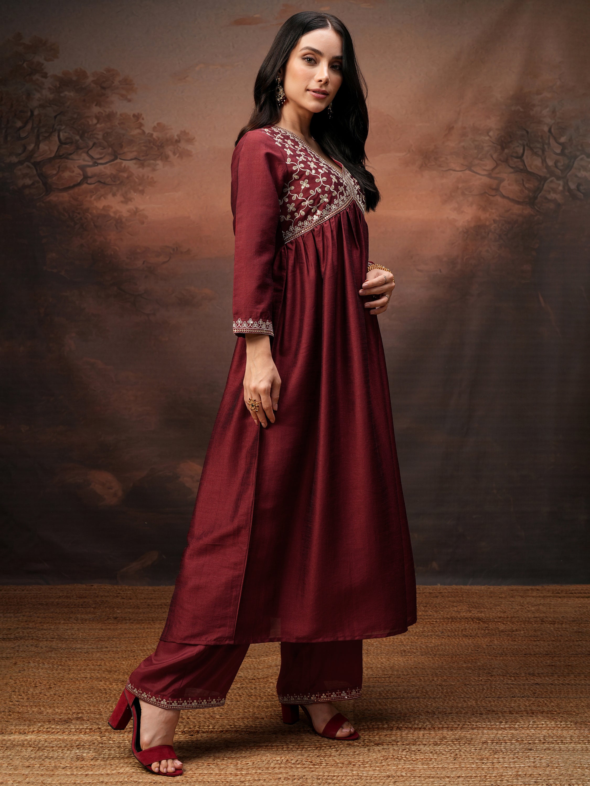 Vishudh Women Red Embroidered Kurta With Palazzo And Dupatta - Red - Image 6
