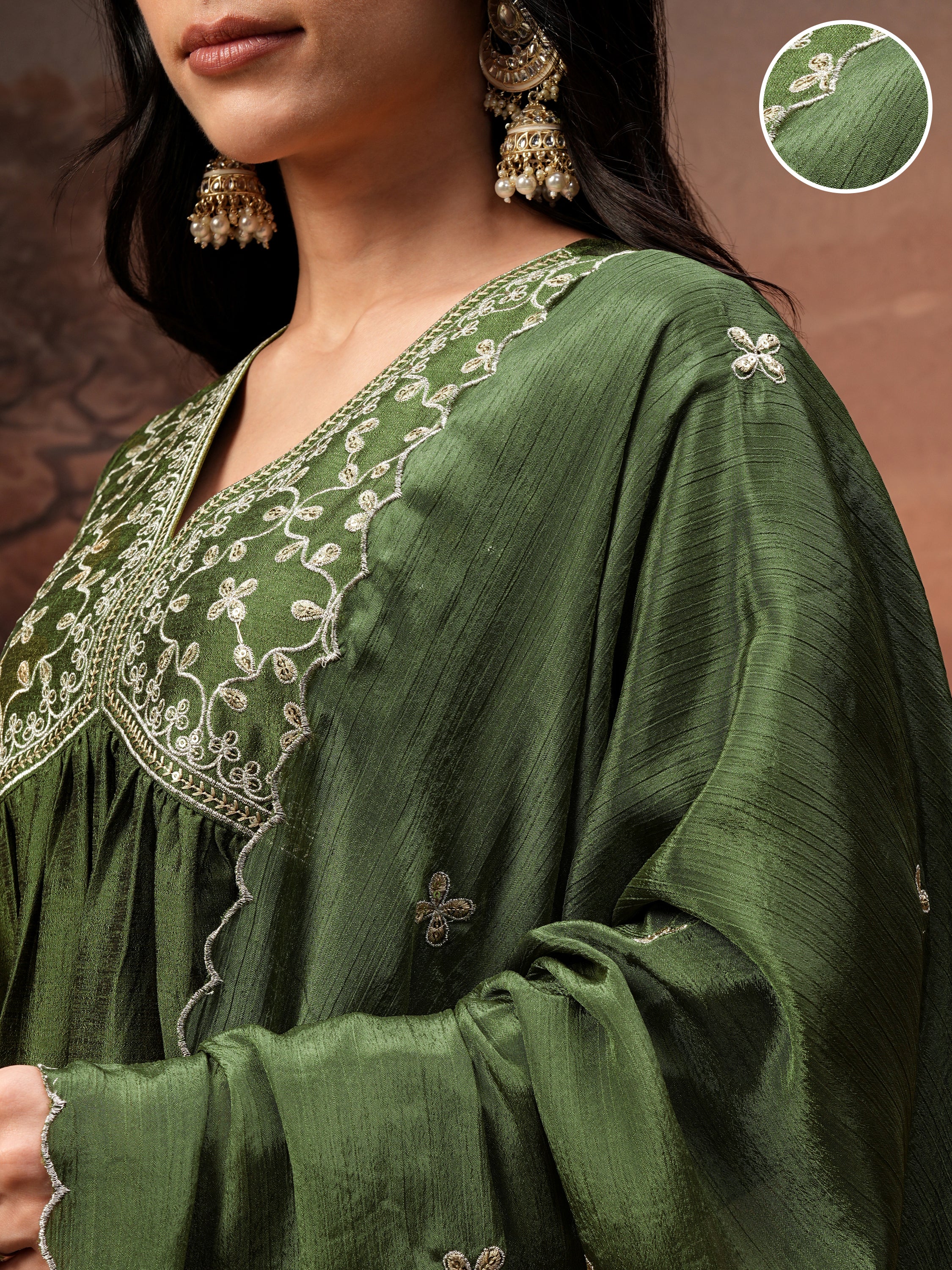 Vishudh Women Green Embroidered Kurta With Palazzo And Dupatta - Green - Image 5