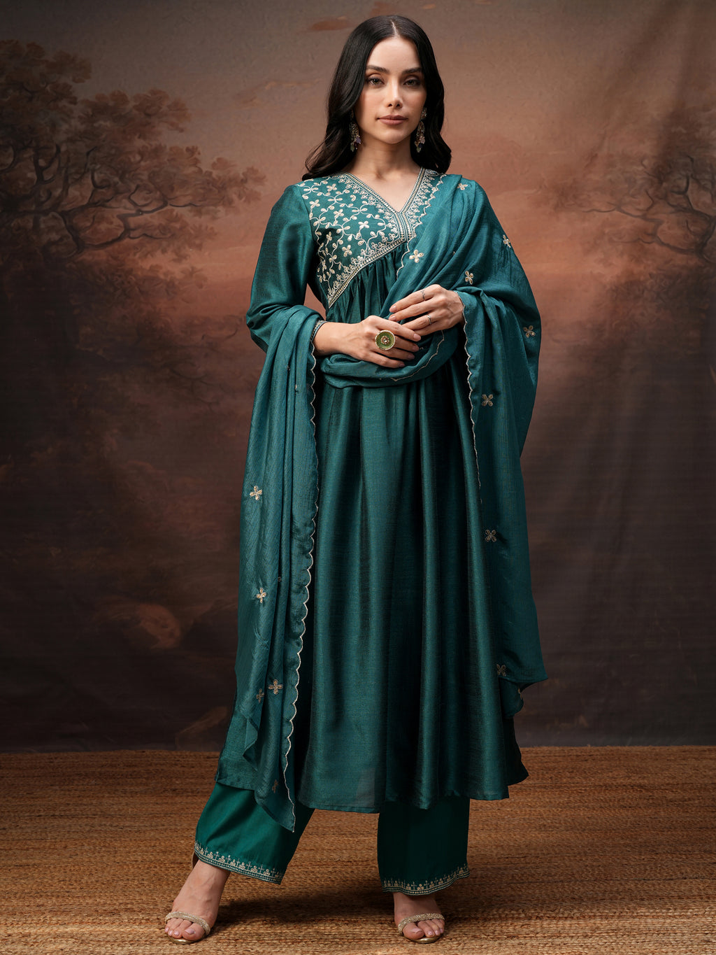 Vishudh Women Teal Embroidered Kurta With Palazzo And Dupatta - Teal - Image 2