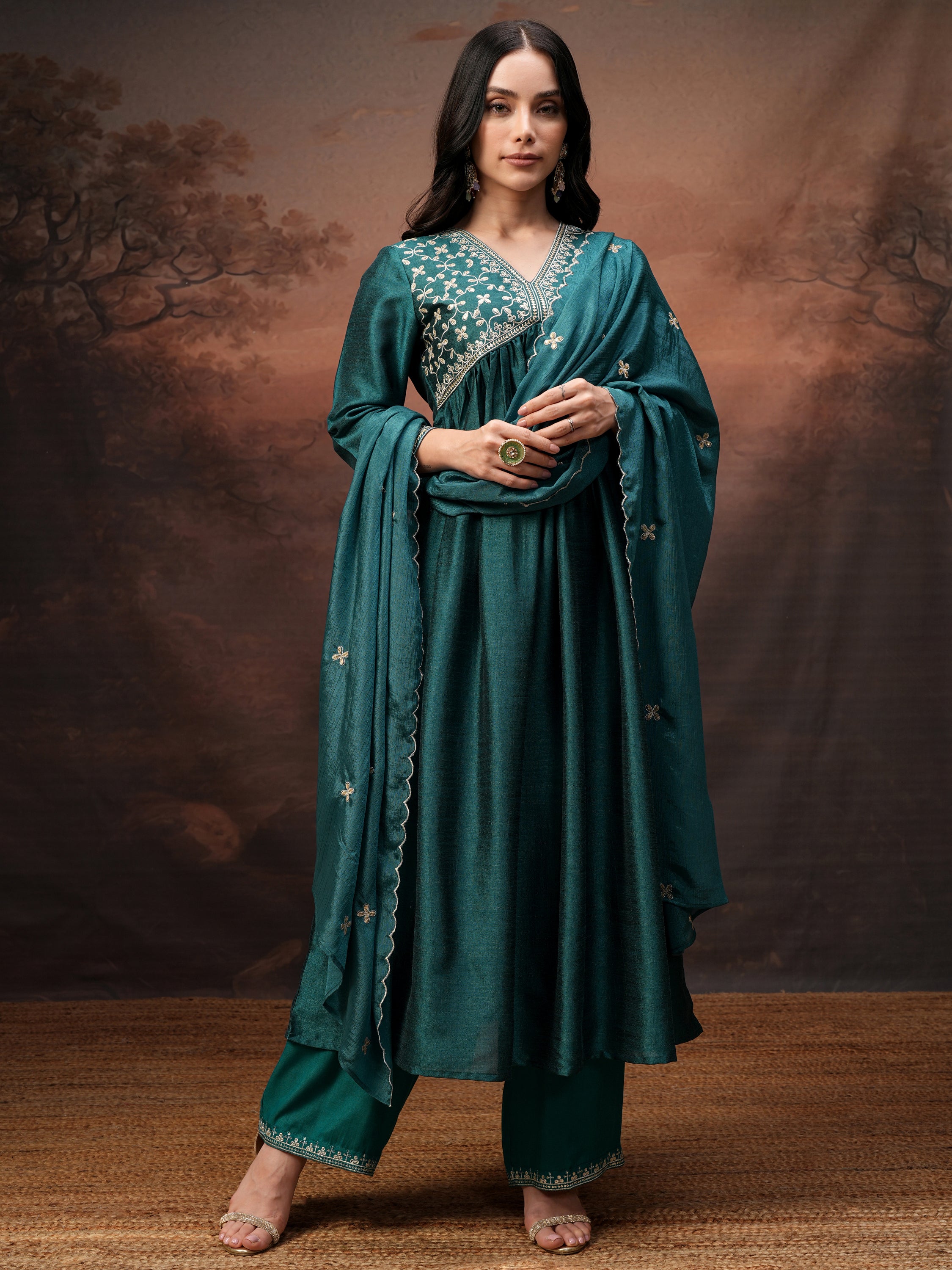 Vishudh Women Teal Embroidered Kurta With Palazzo And Dupatta - Teal - Image 2