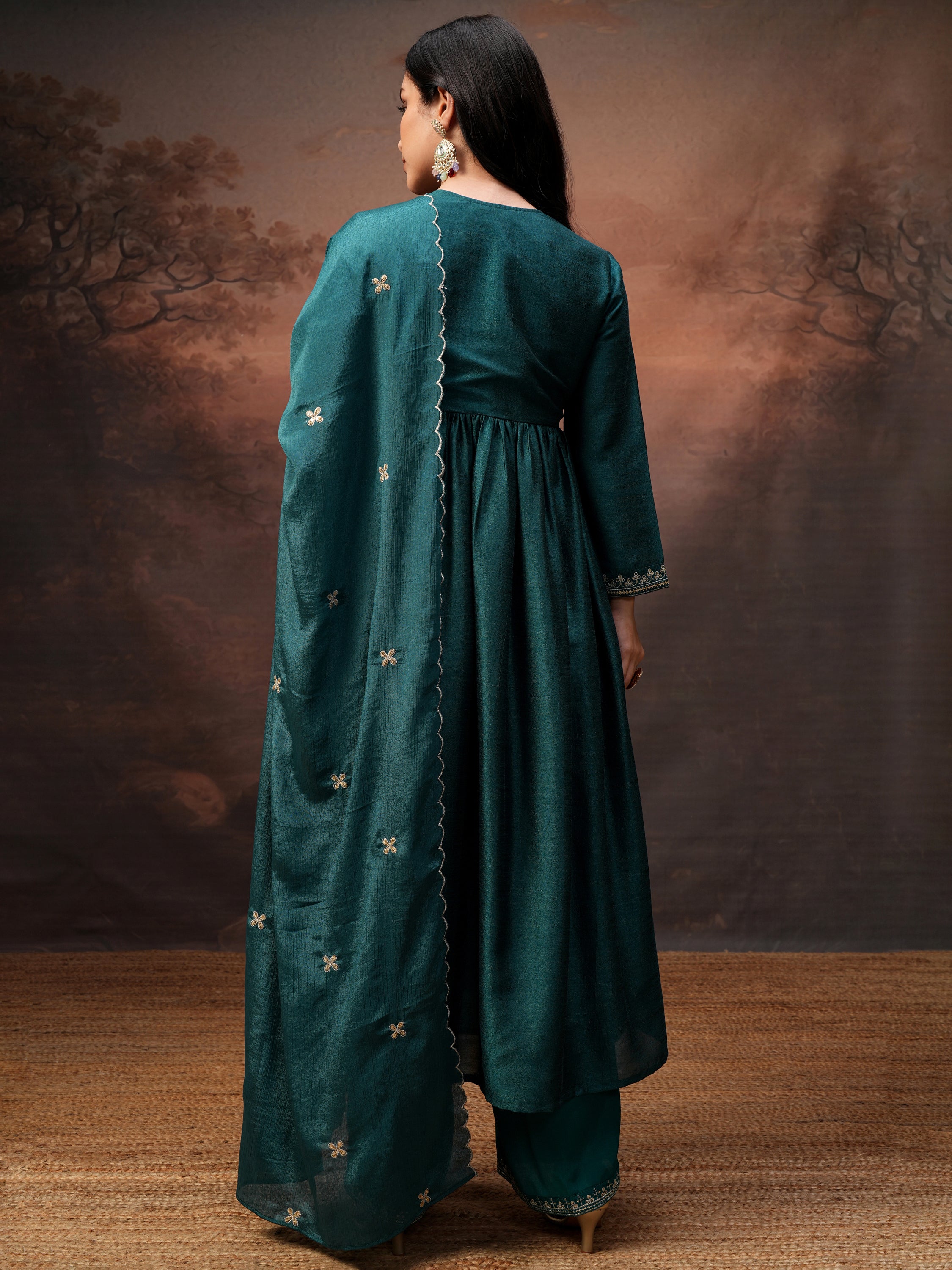 Vishudh Women Teal Embroidered Kurta With Palazzo And Dupatta - Teal - Image 3