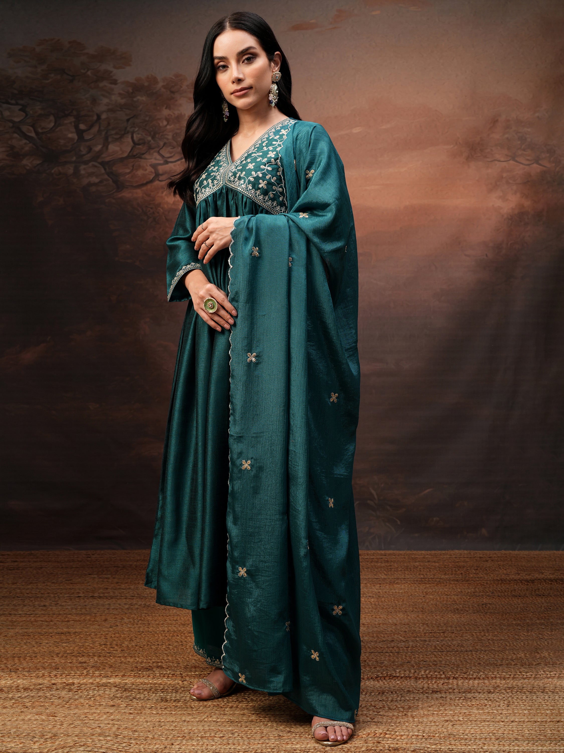 Vishudh Women Teal Embroidered Kurta With Palazzo And Dupatta - Teal - Image 4