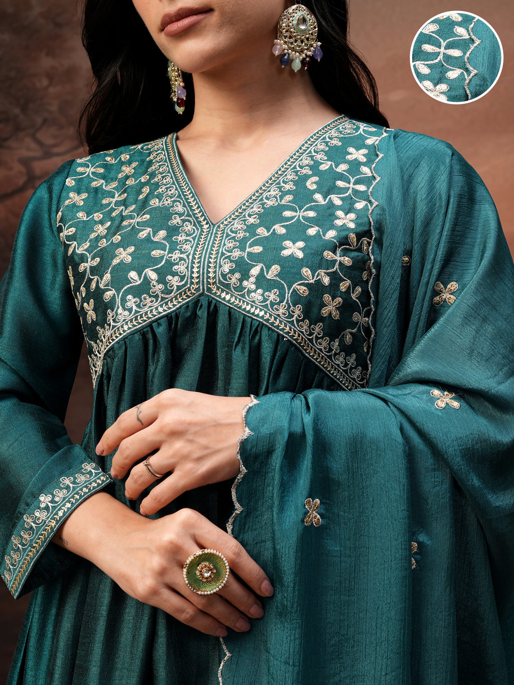 Vishudh Women Teal Embroidered Kurta With Palazzo And Dupatta - Teal - Image 5