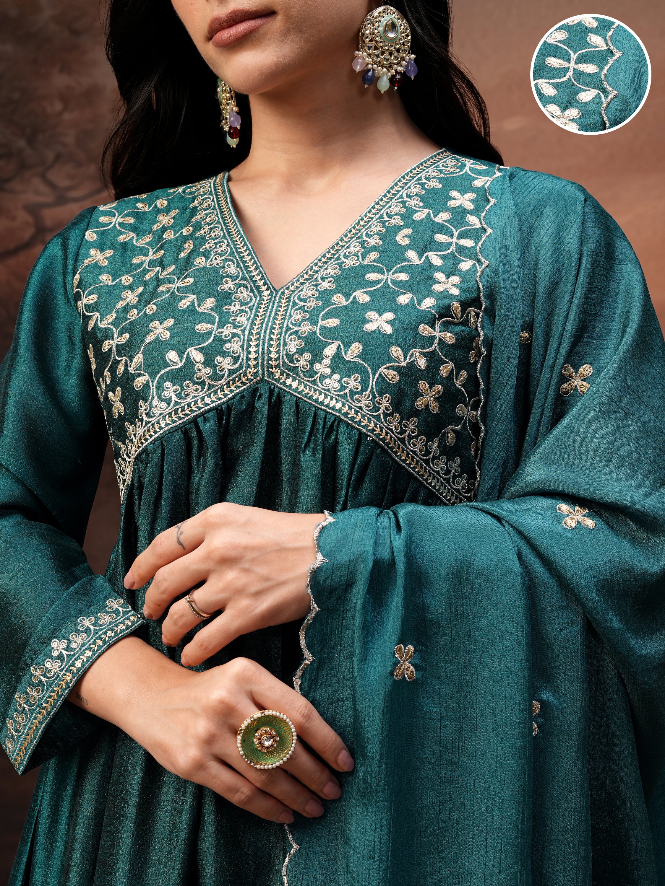 Vishudh Women Teal Embroidered Kurta With Palazzo And Dupatta - Teal - Image 5