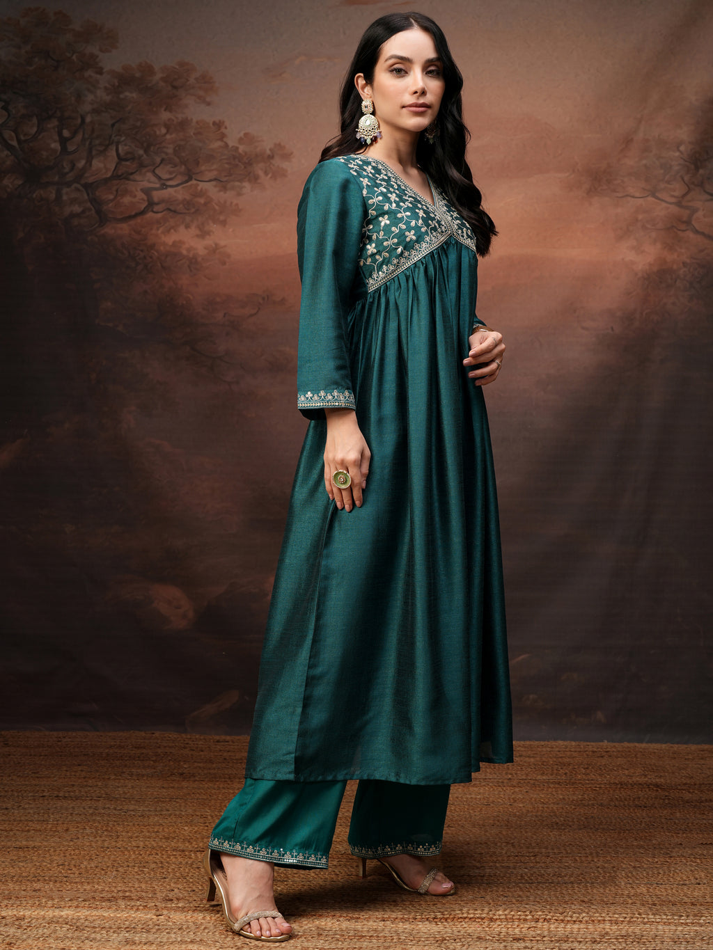 Vishudh Women Teal Embroidered Kurta With Palazzo And Dupatta - Teal - Image 6