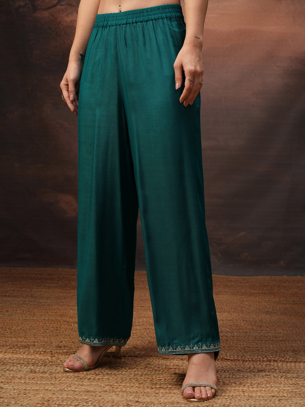 Vishudh Women Teal Embroidered Kurta With Palazzo And Dupatta - Teal - Image 7