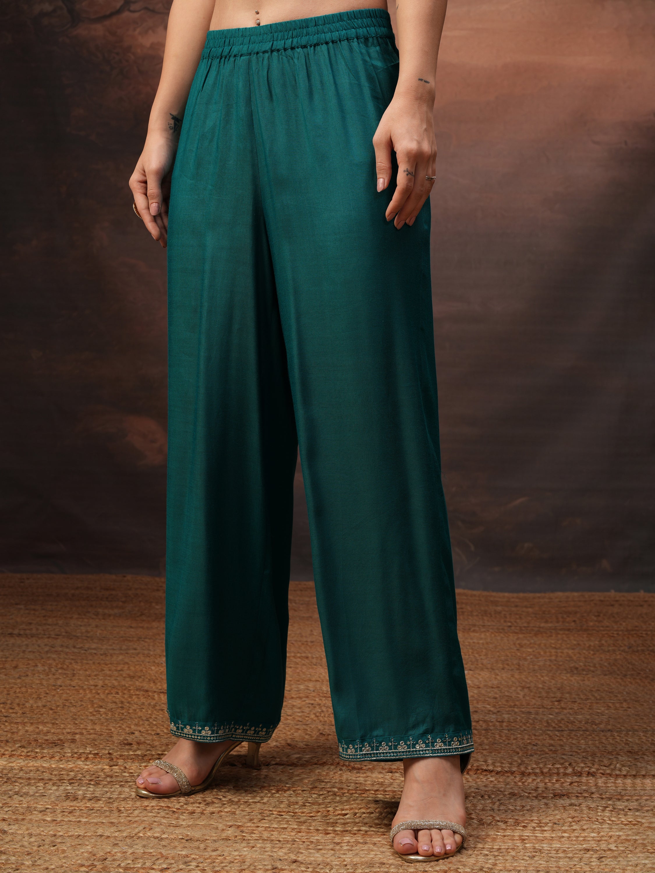 Vishudh Women Teal Embroidered Kurta With Palazzo And Dupatta - Teal - Image 7