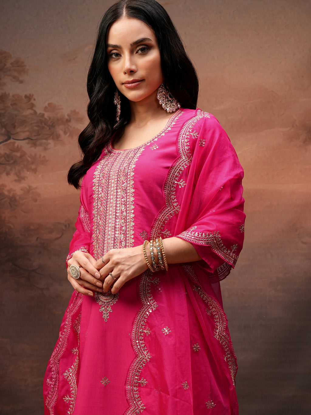 Vishudh Women Pink Embroidered Kurta With Trouser And Dupatta - Pink - Image 1