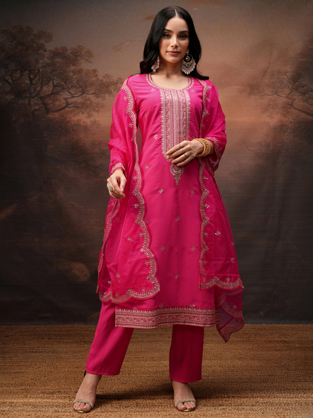 Vishudh Women Pink Embroidered Kurta With Trouser And Dupatta - Pink - Image 2