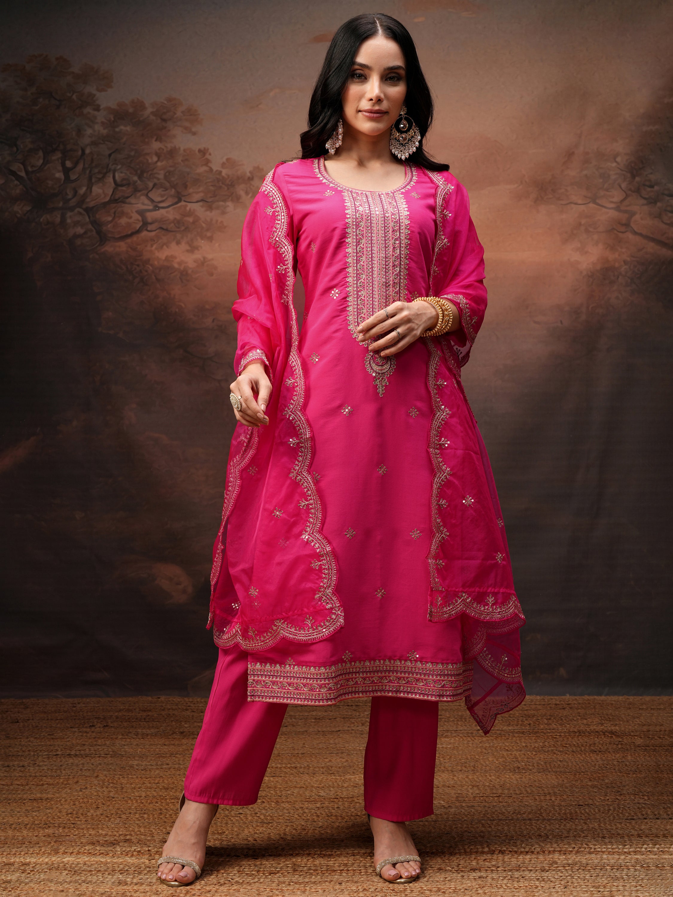 Vishudh Women Pink Embroidered Kurta With Trouser And Dupatta - Pink - Image 2