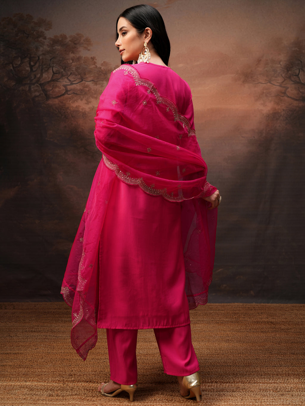 Vishudh Women Pink Embroidered Kurta With Trouser And Dupatta - Pink - Image 3