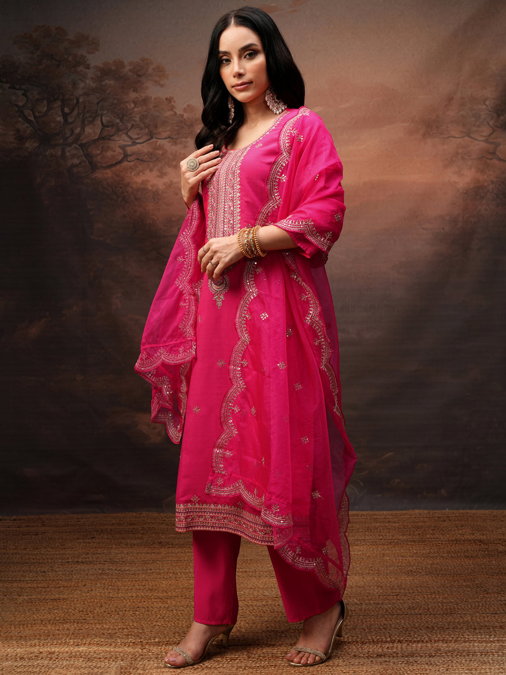 Vishudh Women Pink Embroidered Kurta With Trouser And Dupatta - Pink - Image 4