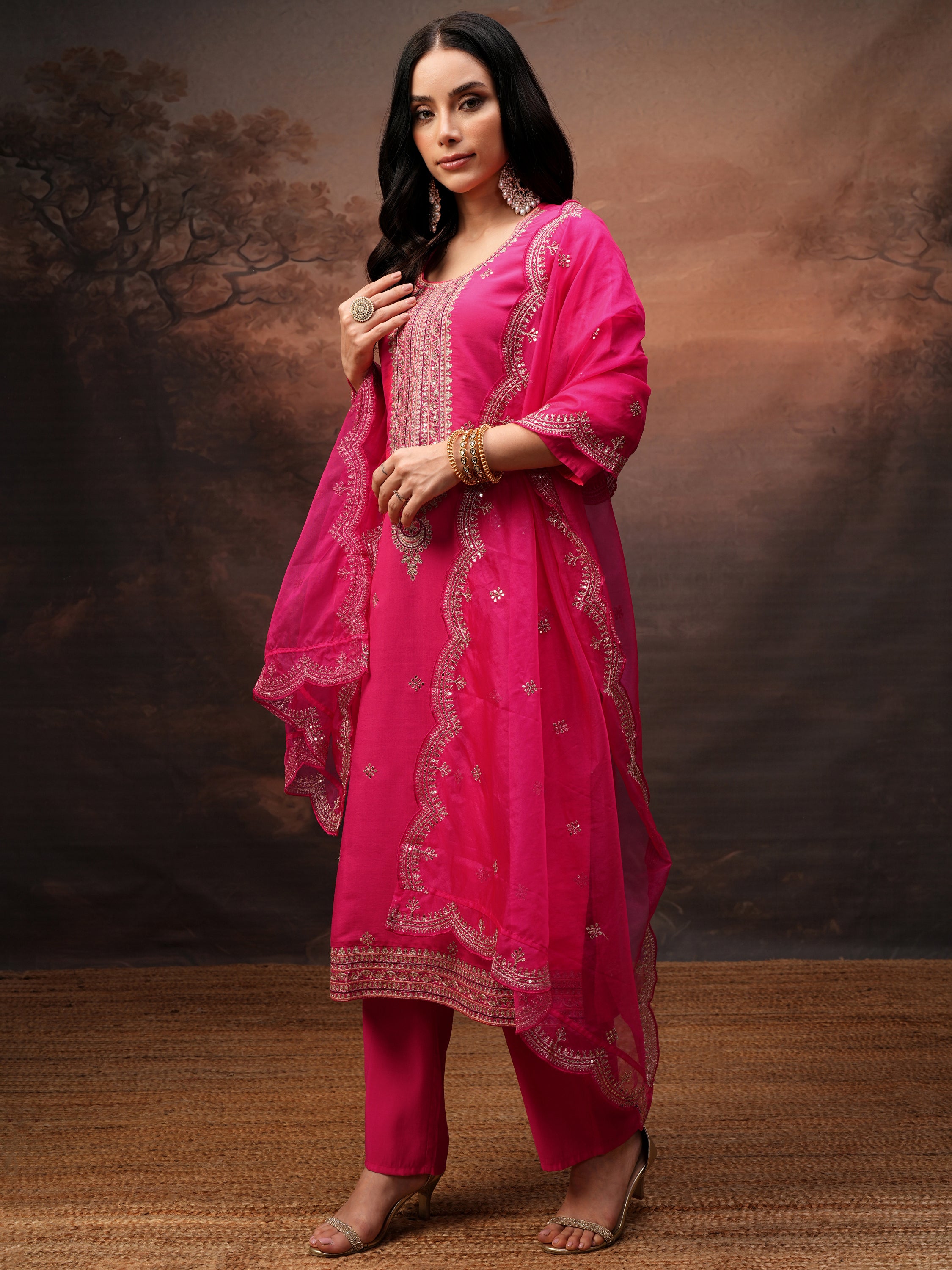 Vishudh Women Pink Embroidered Kurta With Trouser And Dupatta - Pink - Image 4