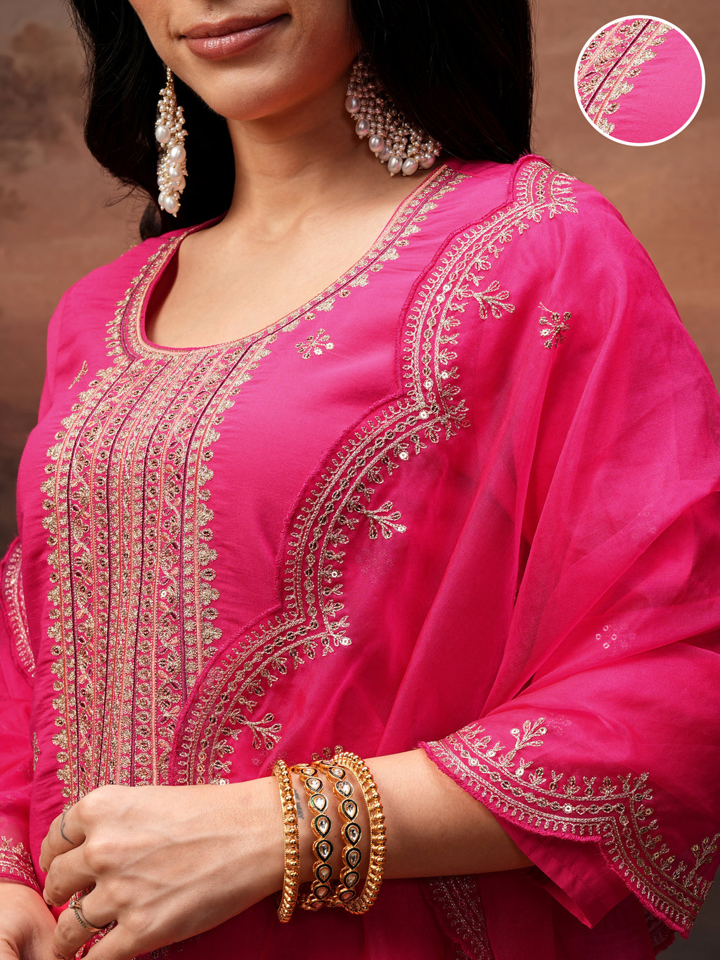 Vishudh Women Pink Embroidered Kurta With Trouser And Dupatta - Pink - Image 5