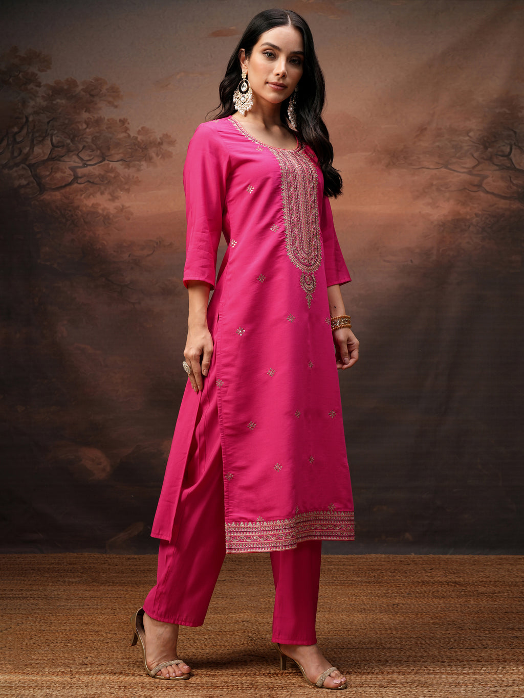 Vishudh Women Pink Embroidered Kurta With Trouser And Dupatta - Pink - Image 6