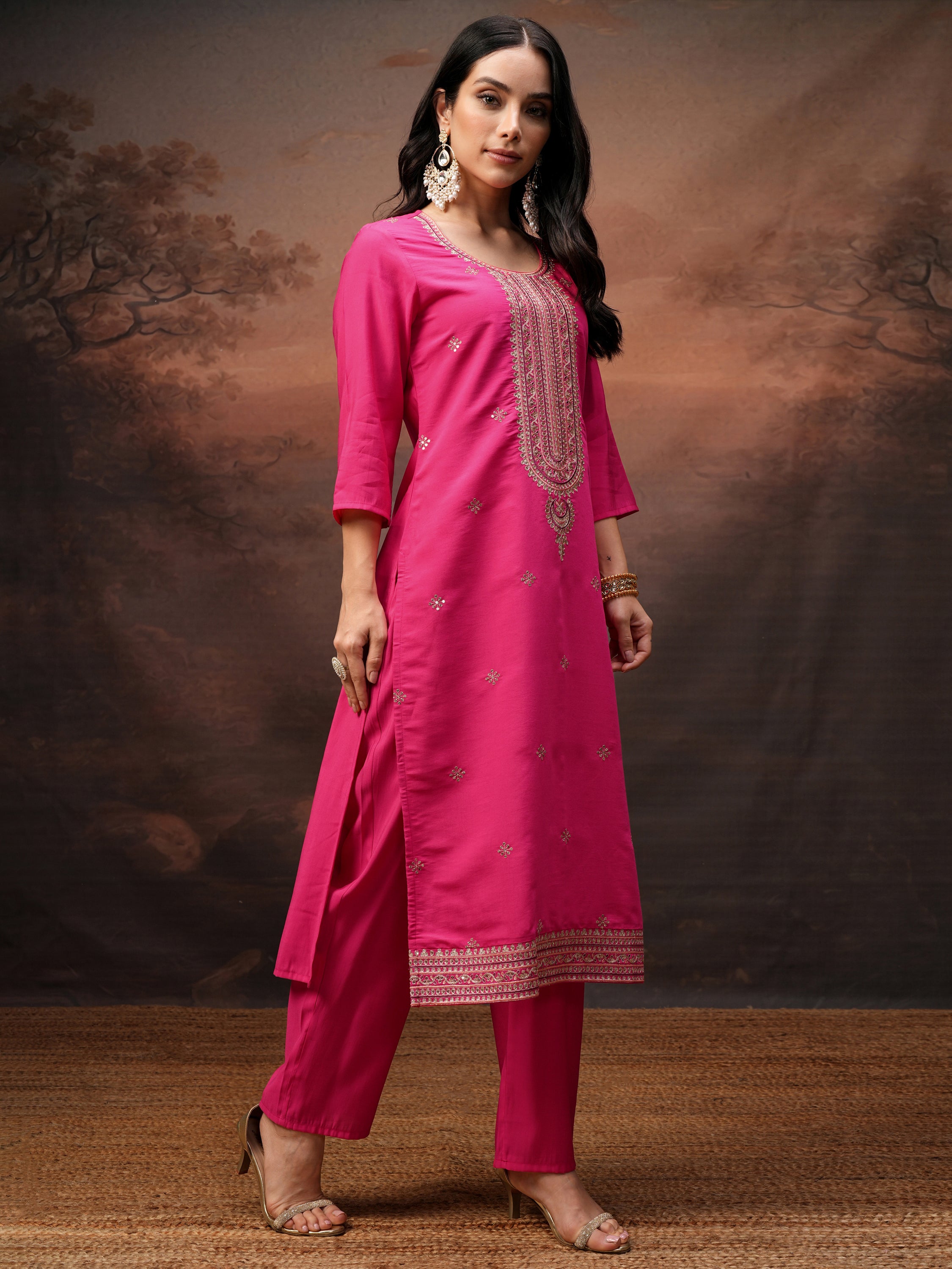 Vishudh Women Pink Embroidered Kurta With Trouser And Dupatta - Pink - Image 6