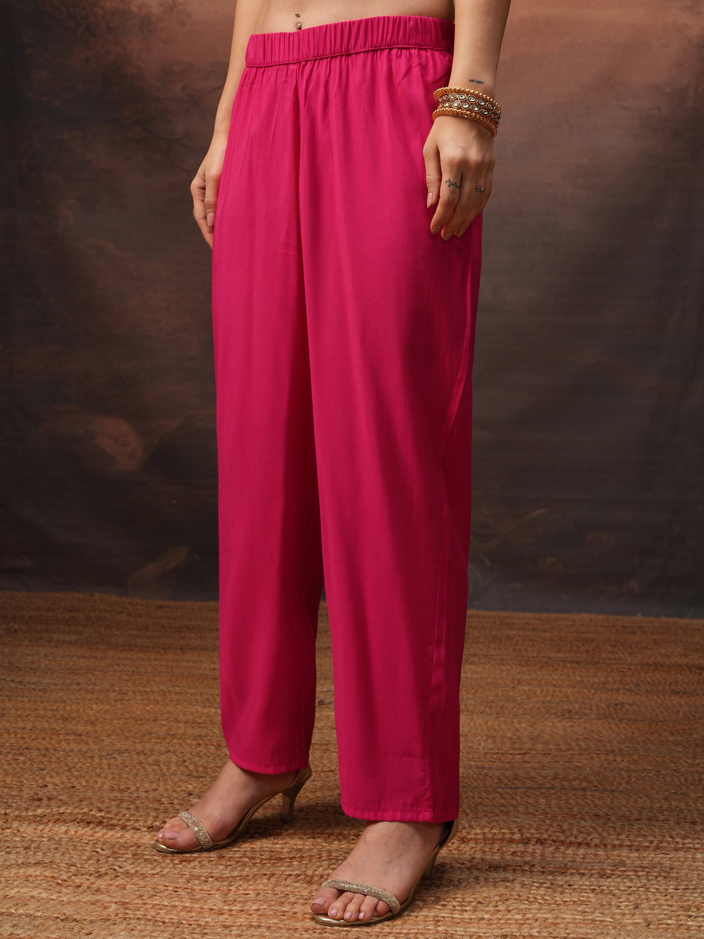 Vishudh Women Pink Embroidered Kurta With Trouser And Dupatta - Pink - Image 7