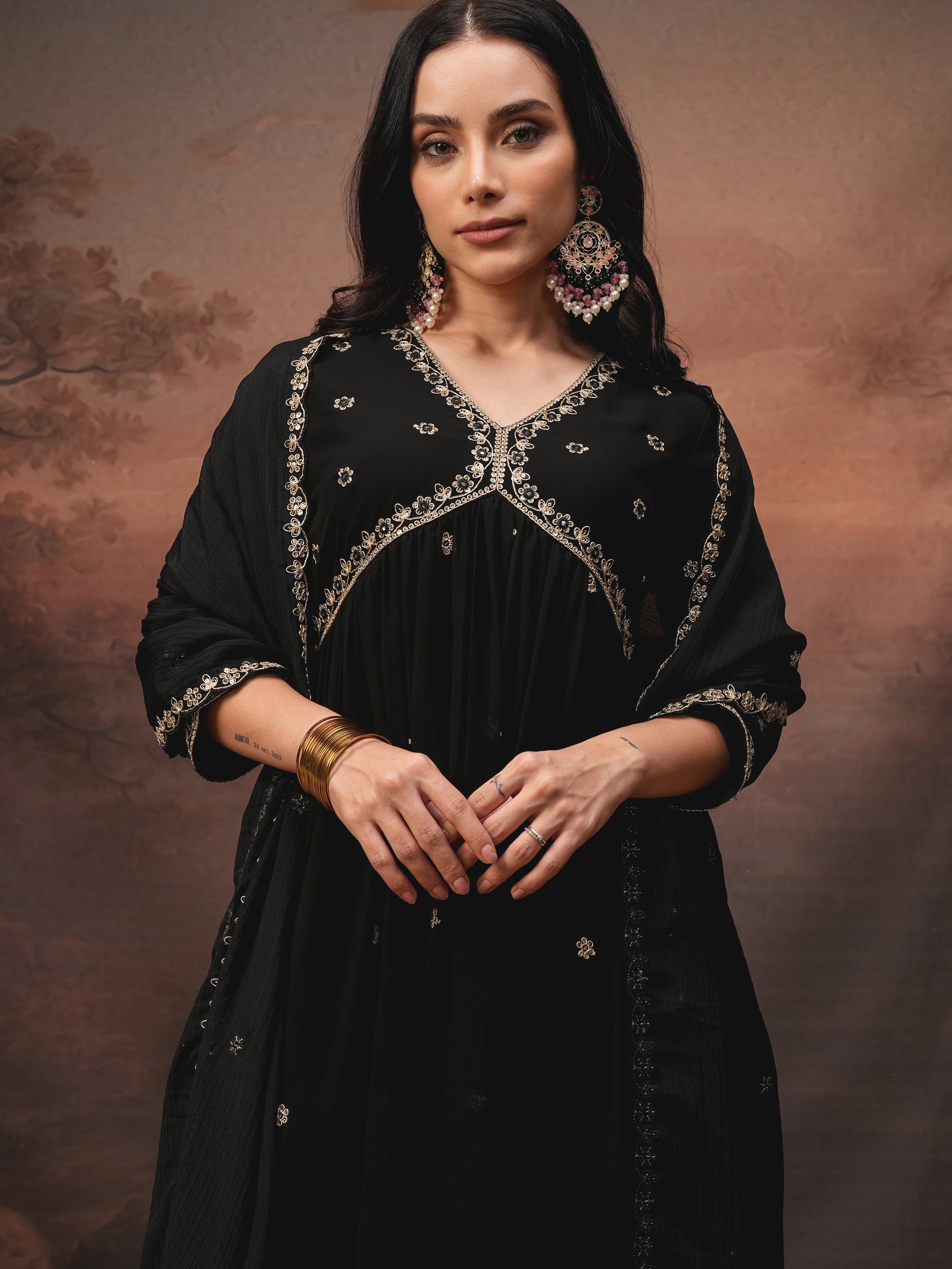 Vishudh Women Black Embroidered Kurta With Trouser And Dupatta - Black - Image 1