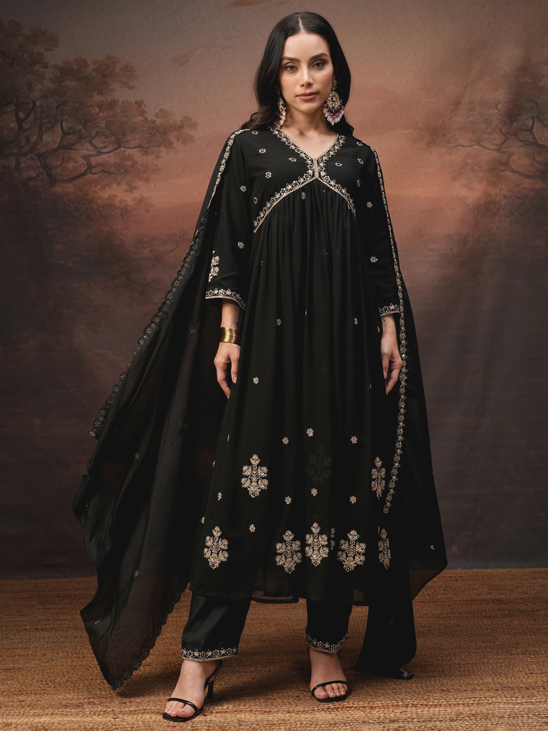 Vishudh Women Black Embroidered Kurta With Trouser And Dupatta - Black - Image 2