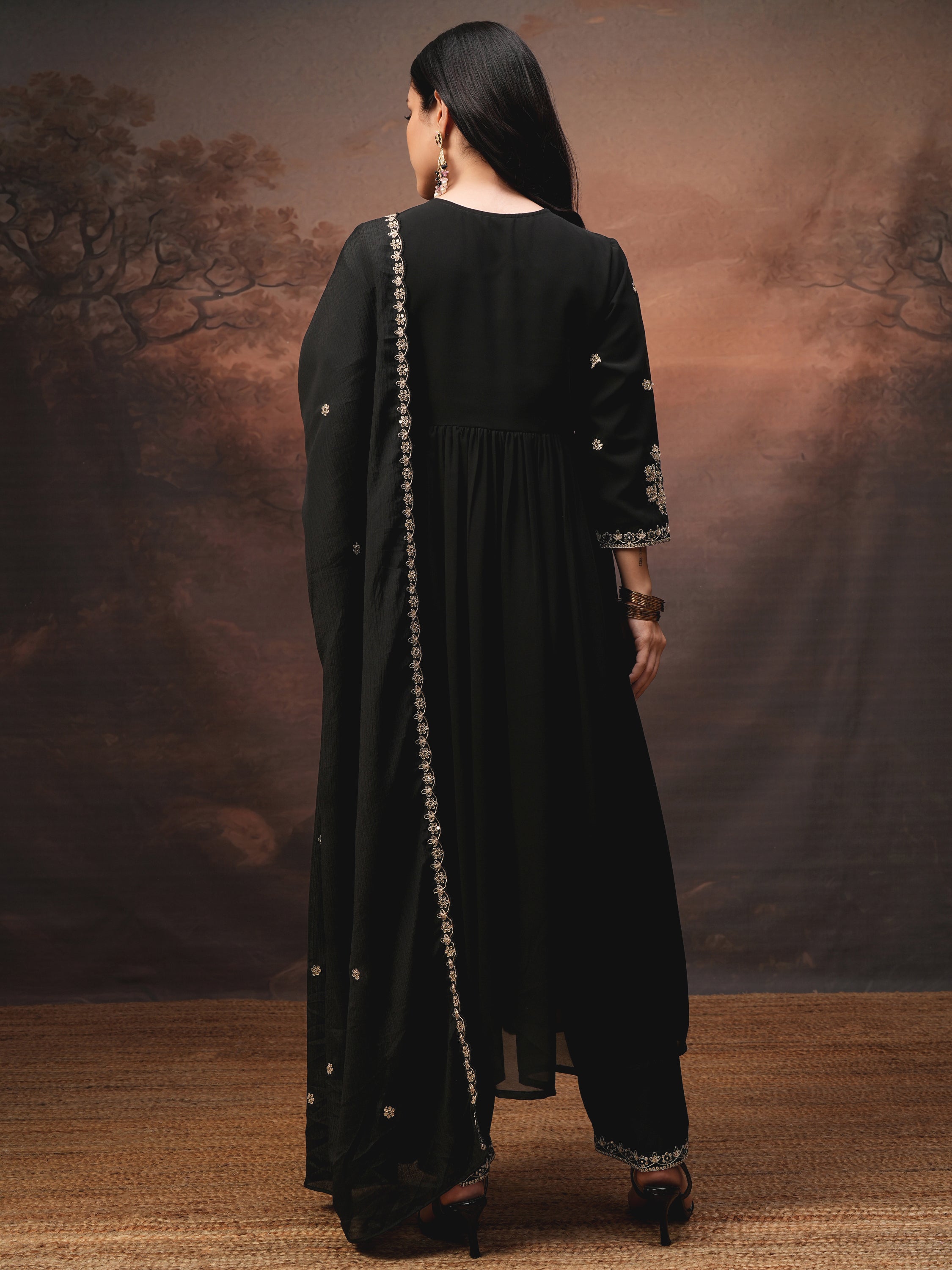 Vishudh Women Black Embroidered Kurta With Trouser And Dupatta - Black - Image 3
