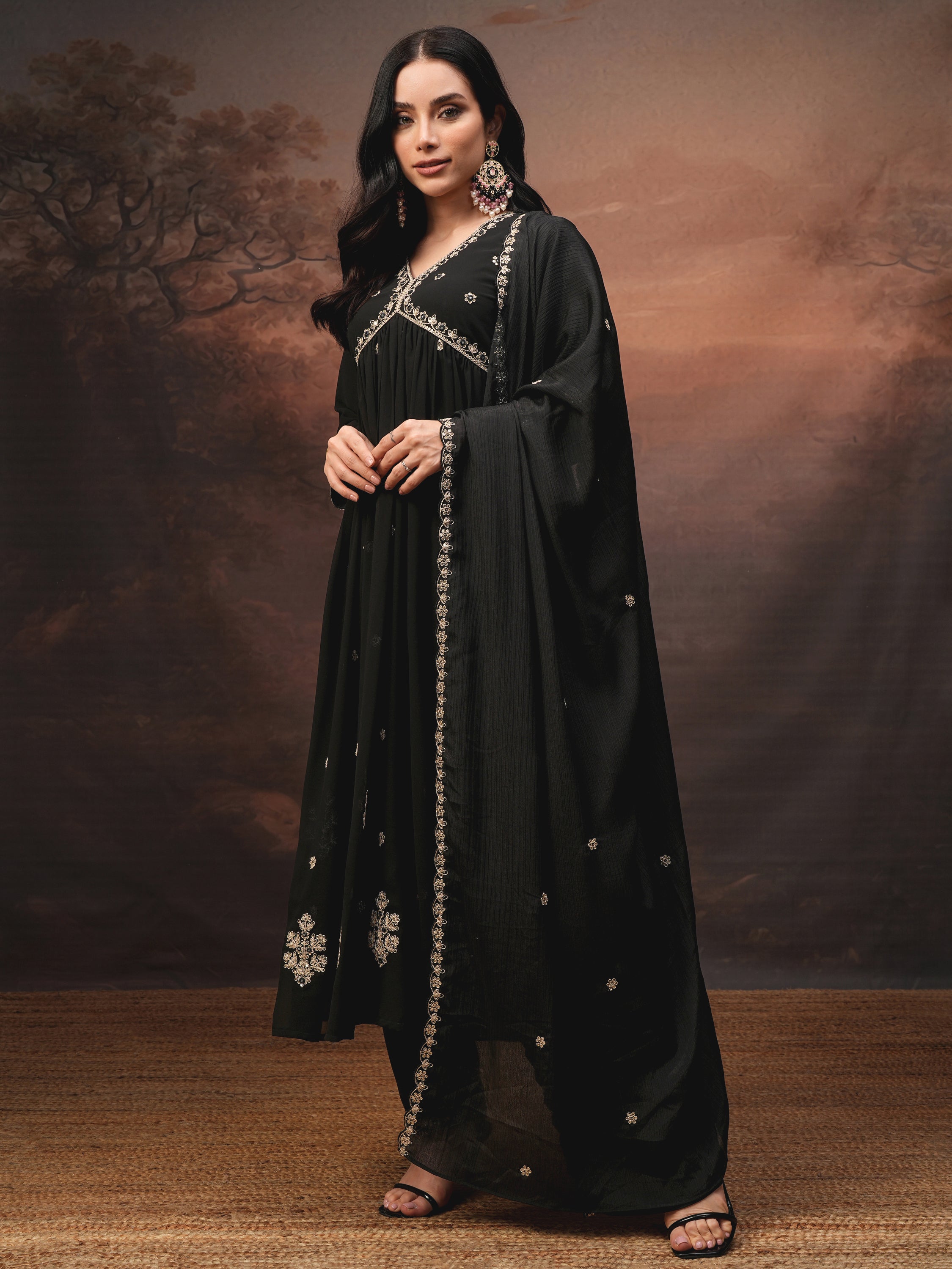 Vishudh Women Black Embroidered Kurta With Trouser And Dupatta - Black - Image 4